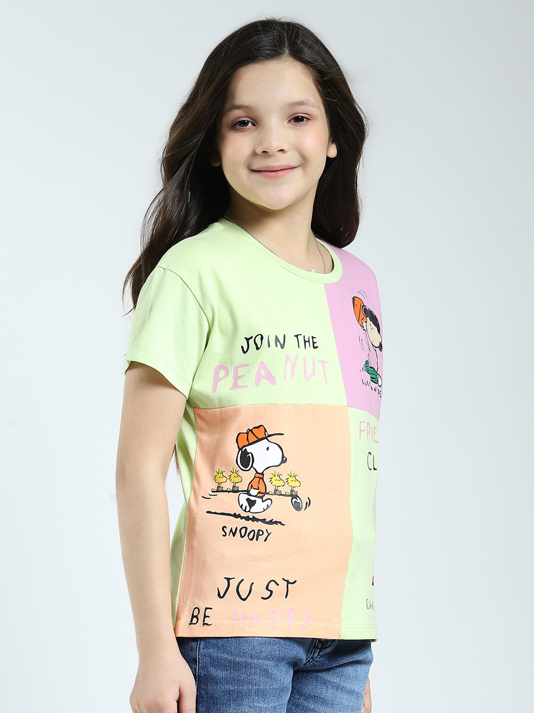 Girls Green Printed Round Neck Half Sleeve Top