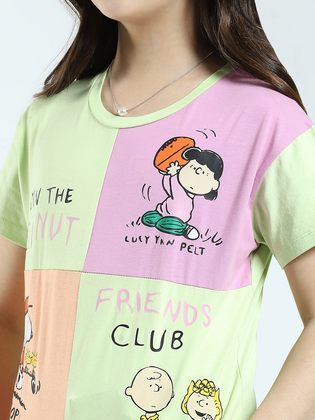 Girls Green Printed Round Neck Half Sleeve Top