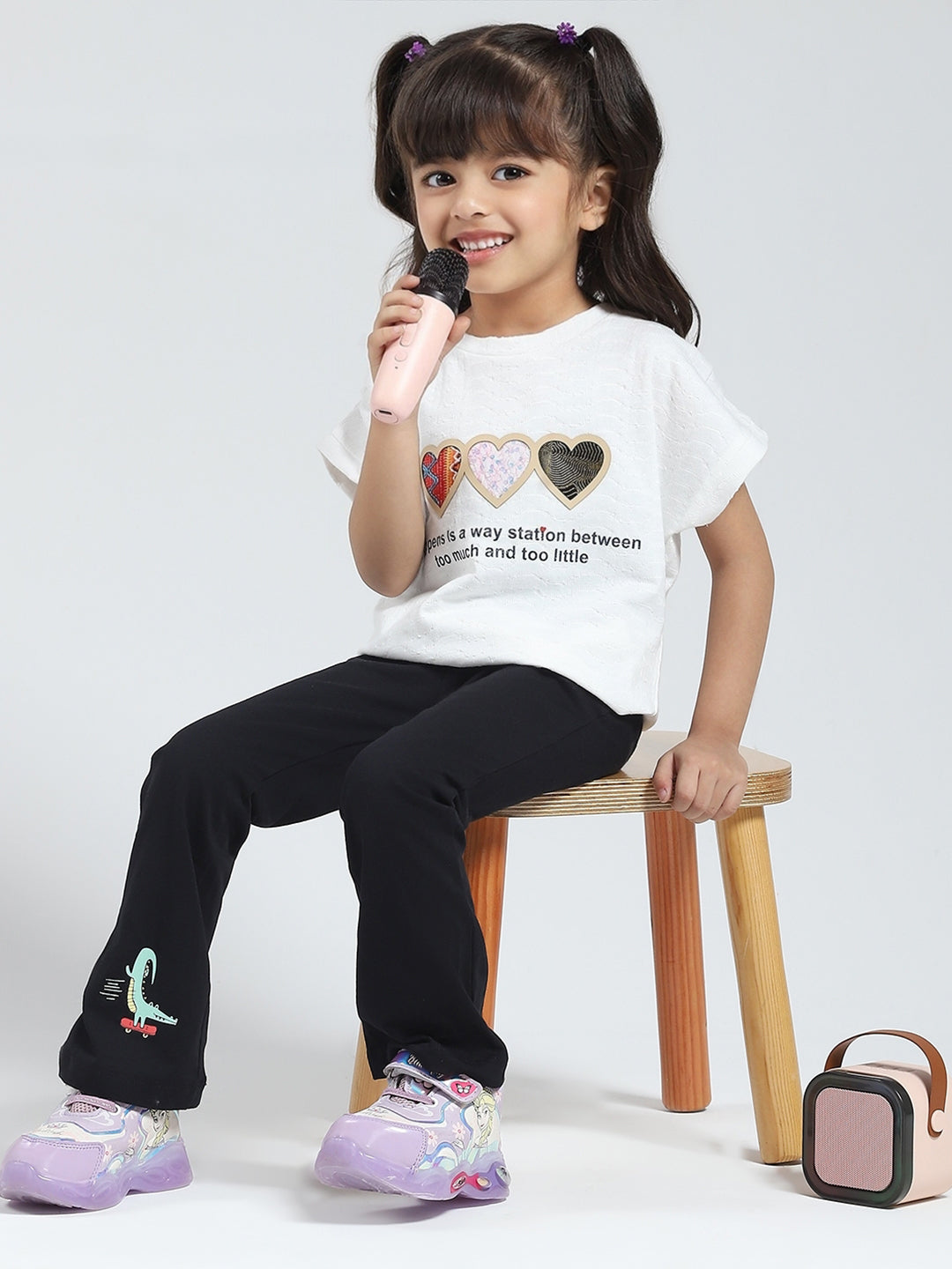 Girls Off White Printed Round Neck Half Sleeve Top