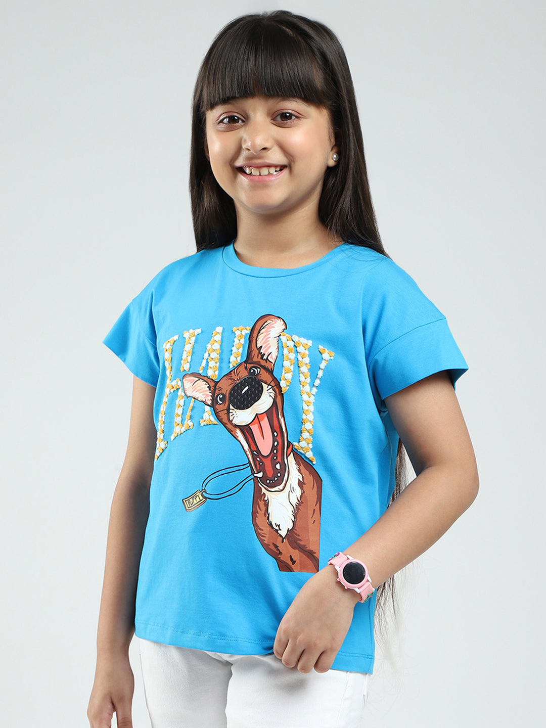 Girls Blue Printed Round Neck Half Sleeve Top