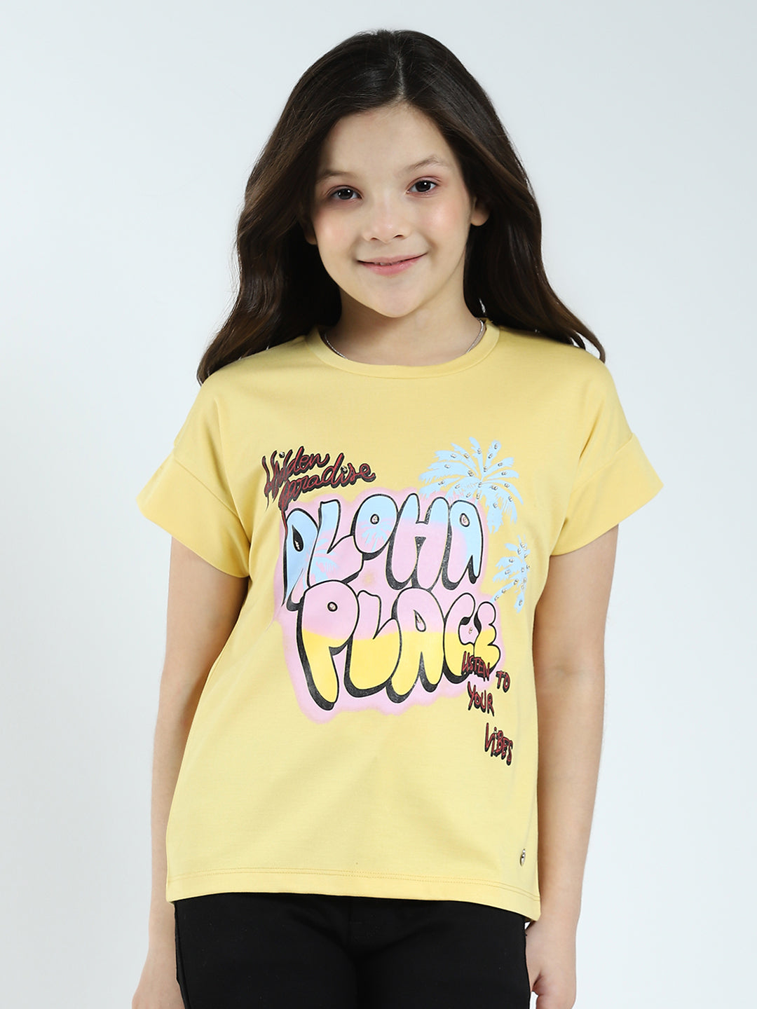 Girls Yellow Printed Round Neck Half Sleeve Top