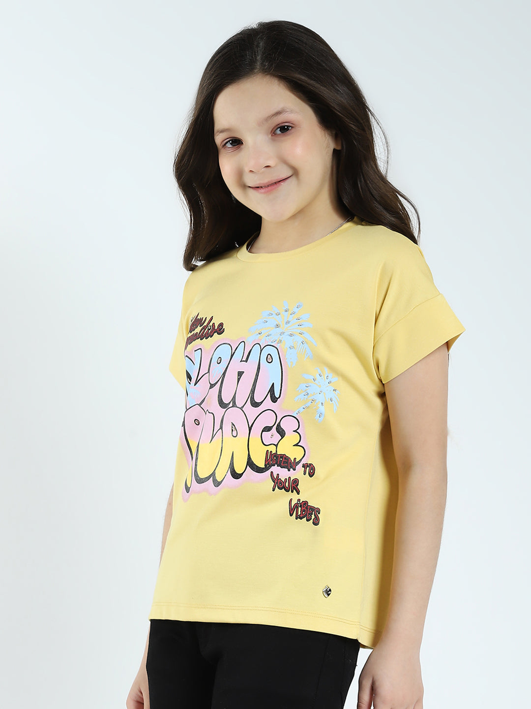 Girls Yellow Printed Round Neck Half Sleeve Top