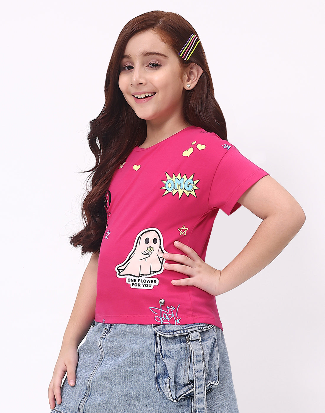 Girls Magenta Printed Round Neck Half Sleeve Top