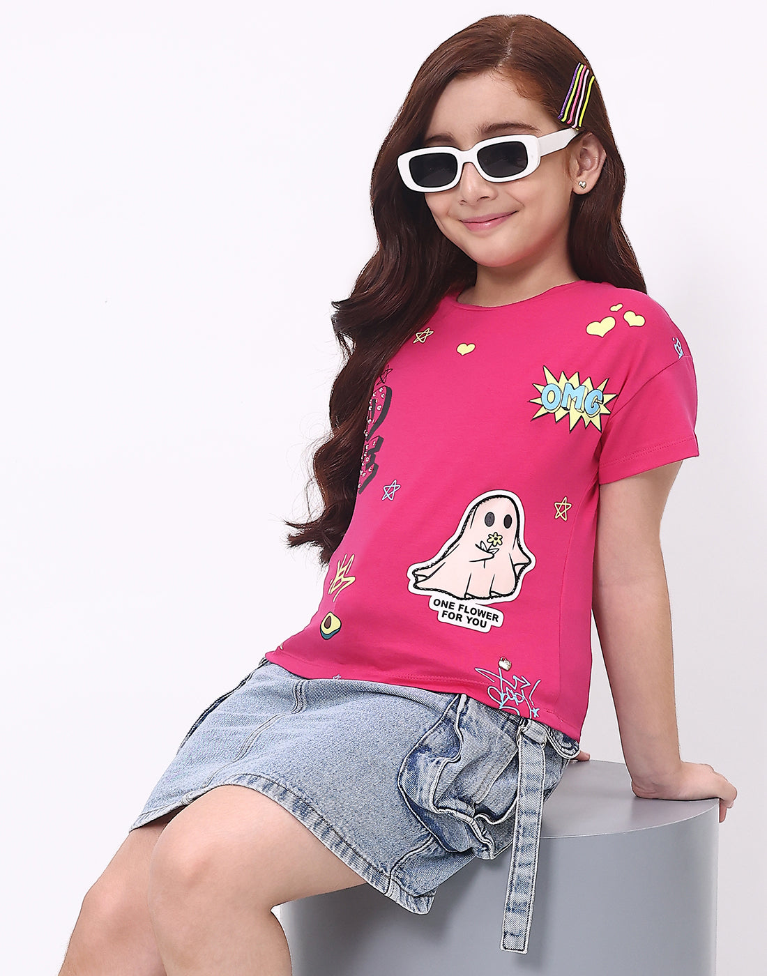 Girls Magenta Printed Round Neck Half Sleeve Top