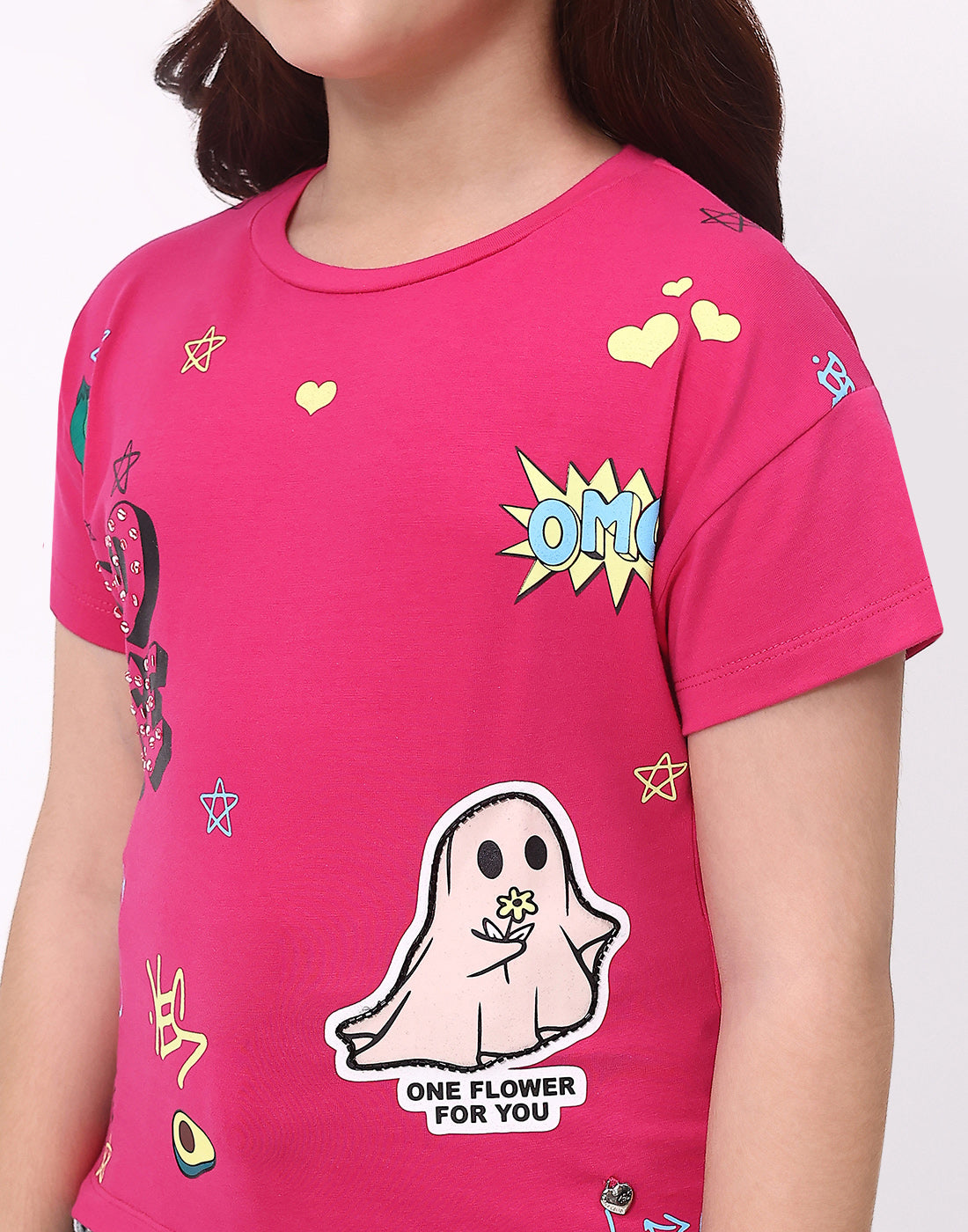 Girls Magenta Printed Round Neck Half Sleeve Top