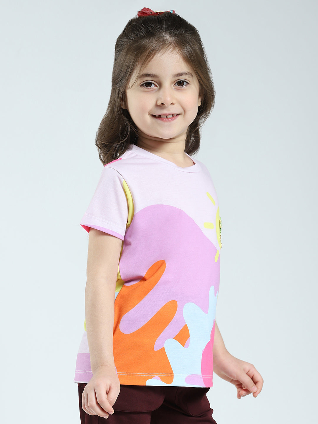 Girls Pink Printed Round Neck Half Sleeve Top