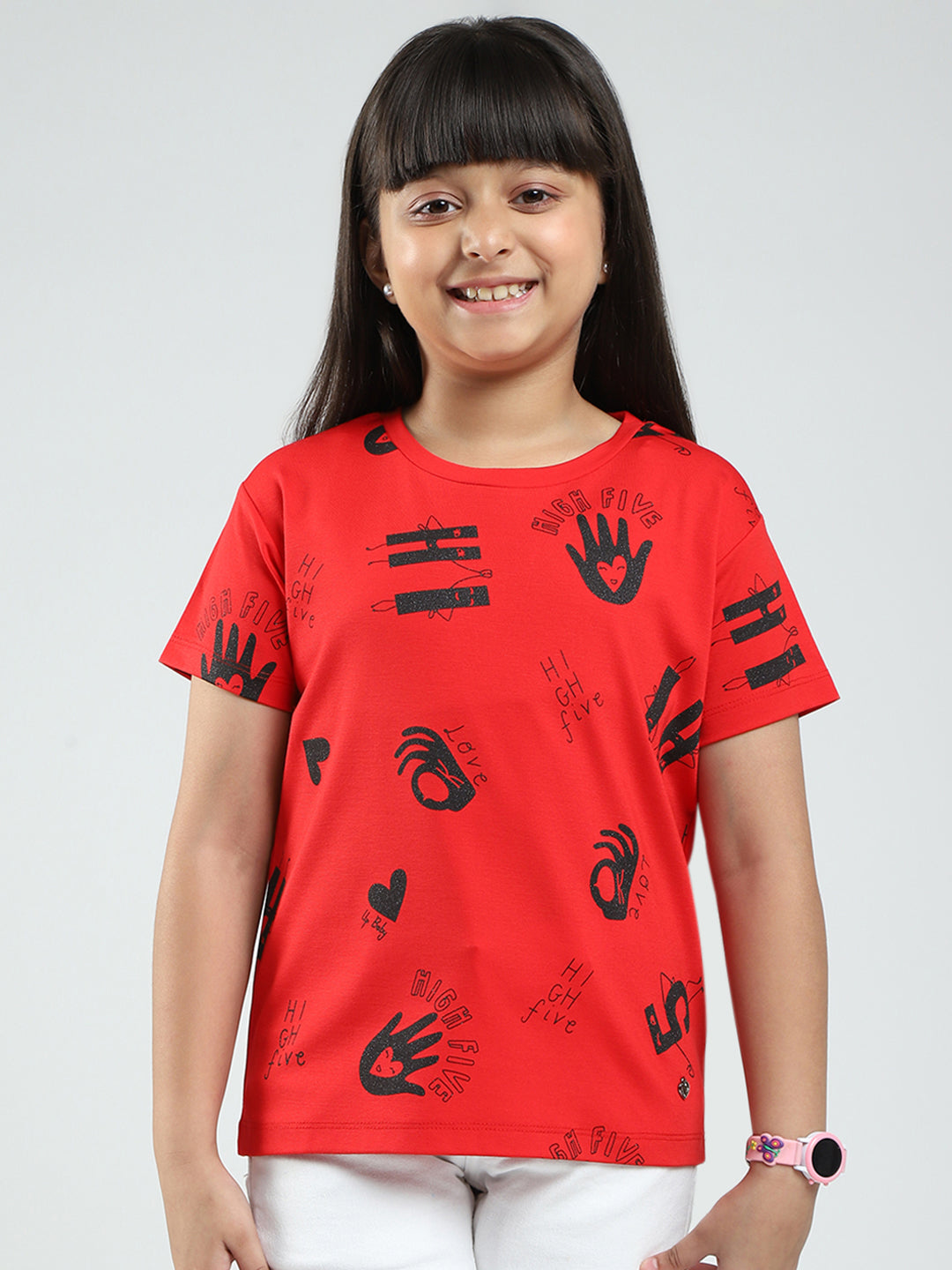 Girls Red Printed Round Neck Half Sleeve Top