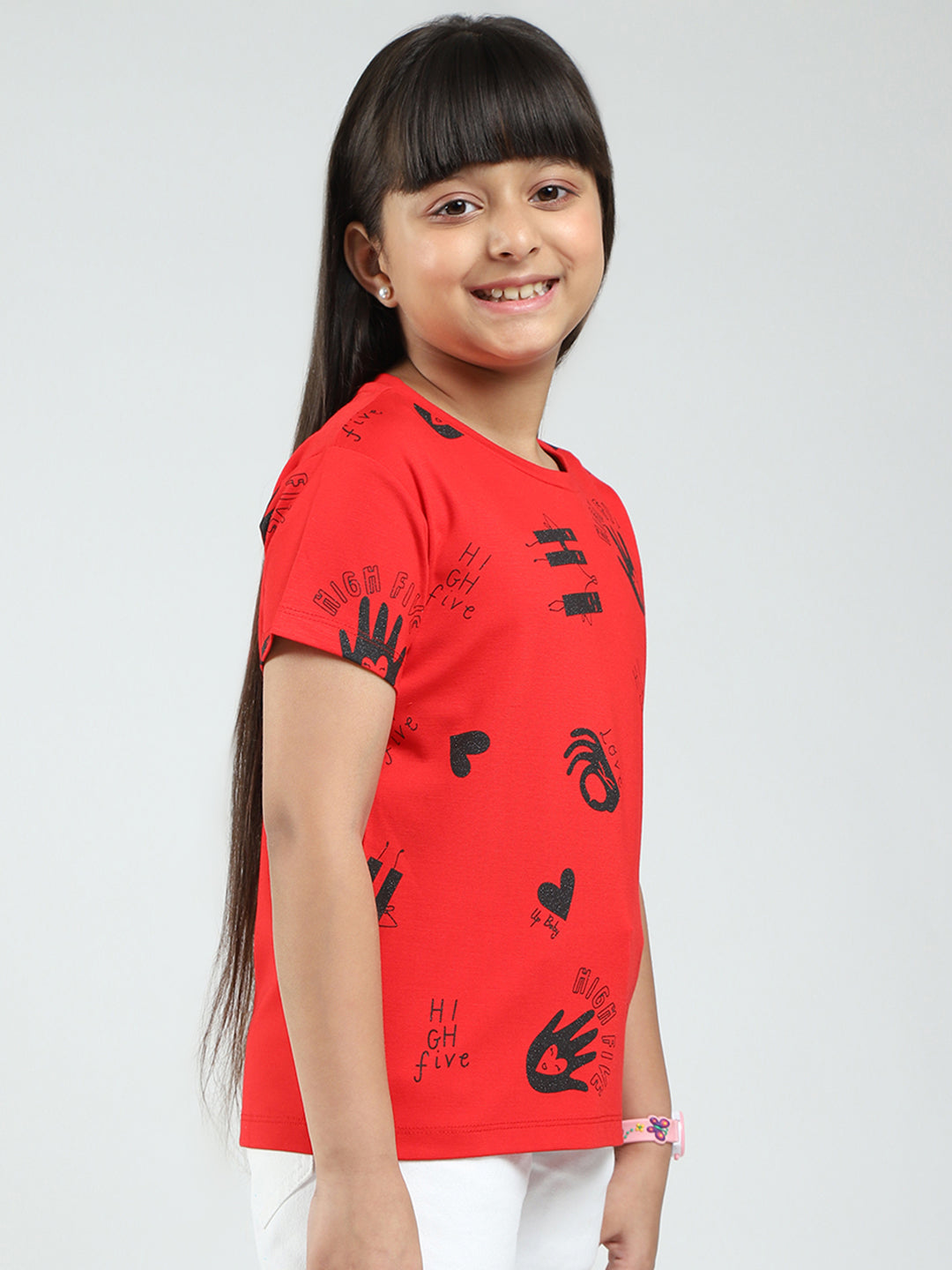 Girls Red Printed Round Neck Half Sleeve Top