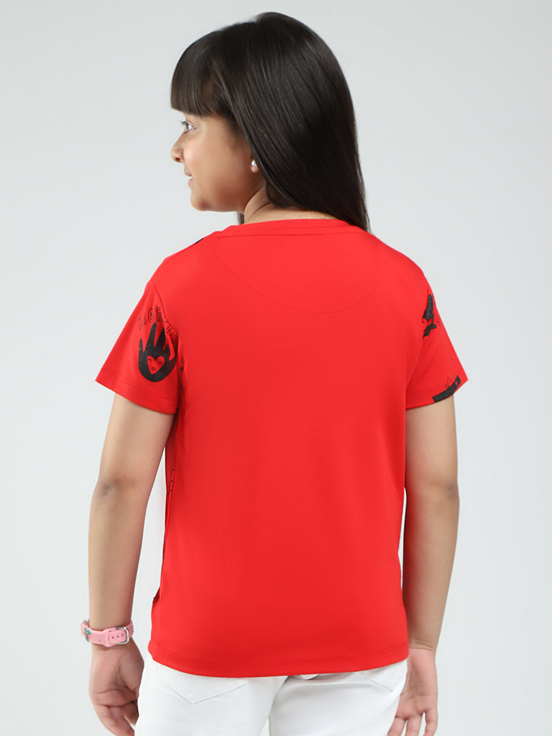 Girls Red Printed Round Neck Half Sleeve Top