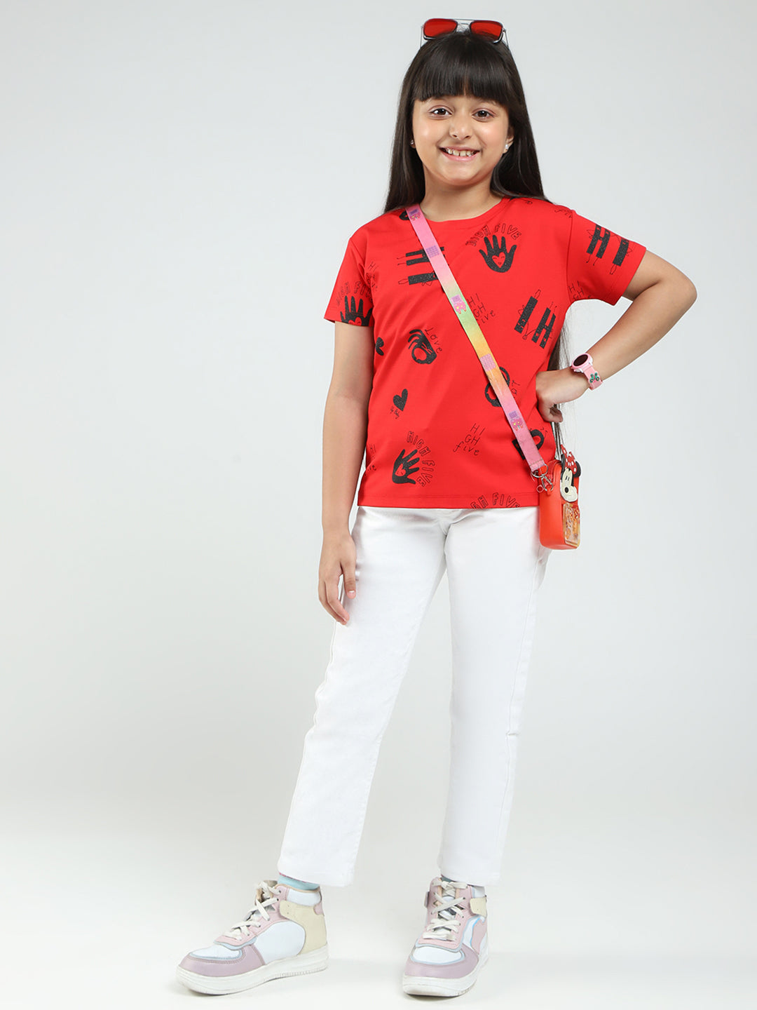 Girls Red Printed Round Neck Half Sleeve Top