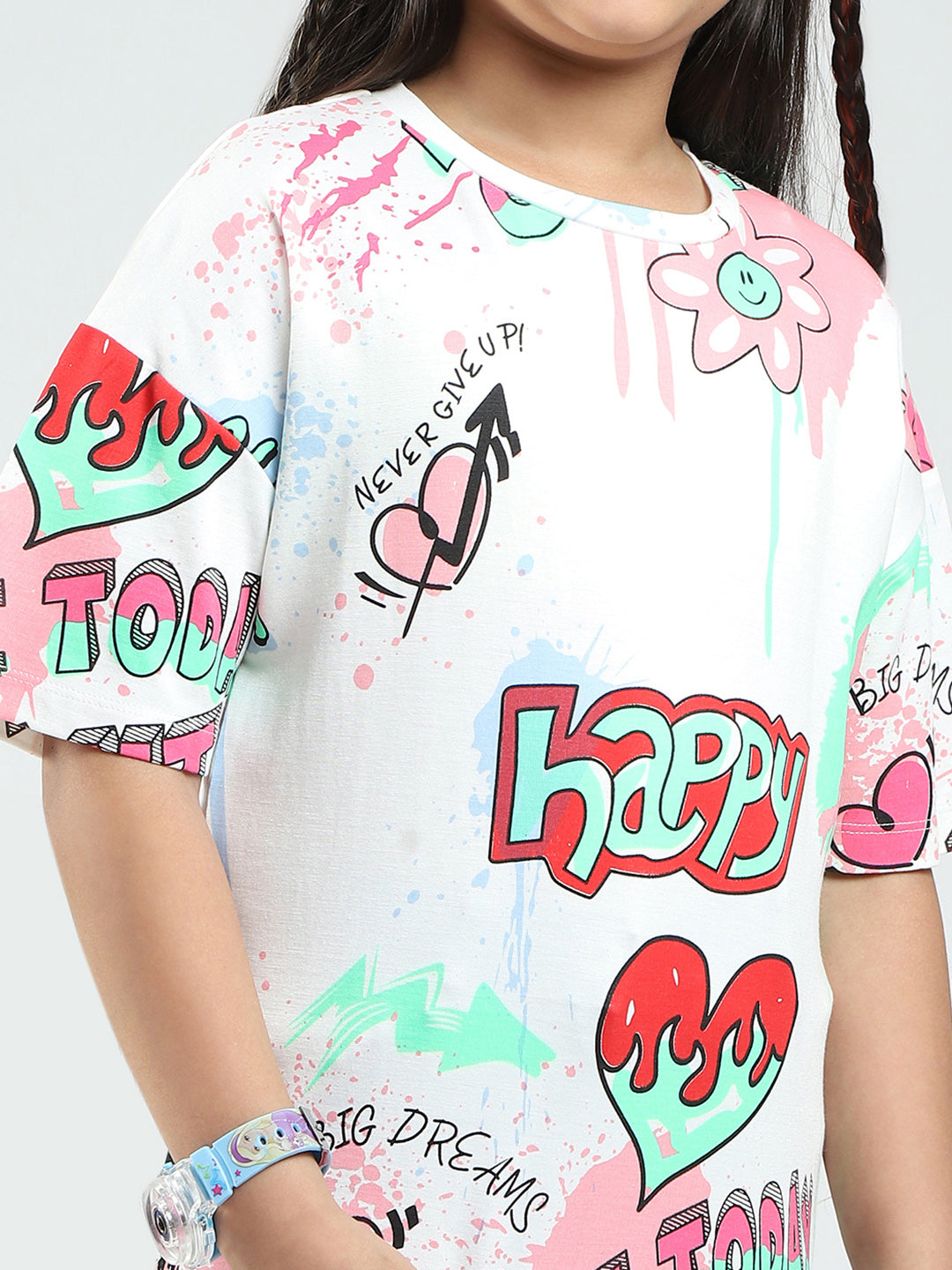 Girls White Printed Round Neck Half Sleeve Top