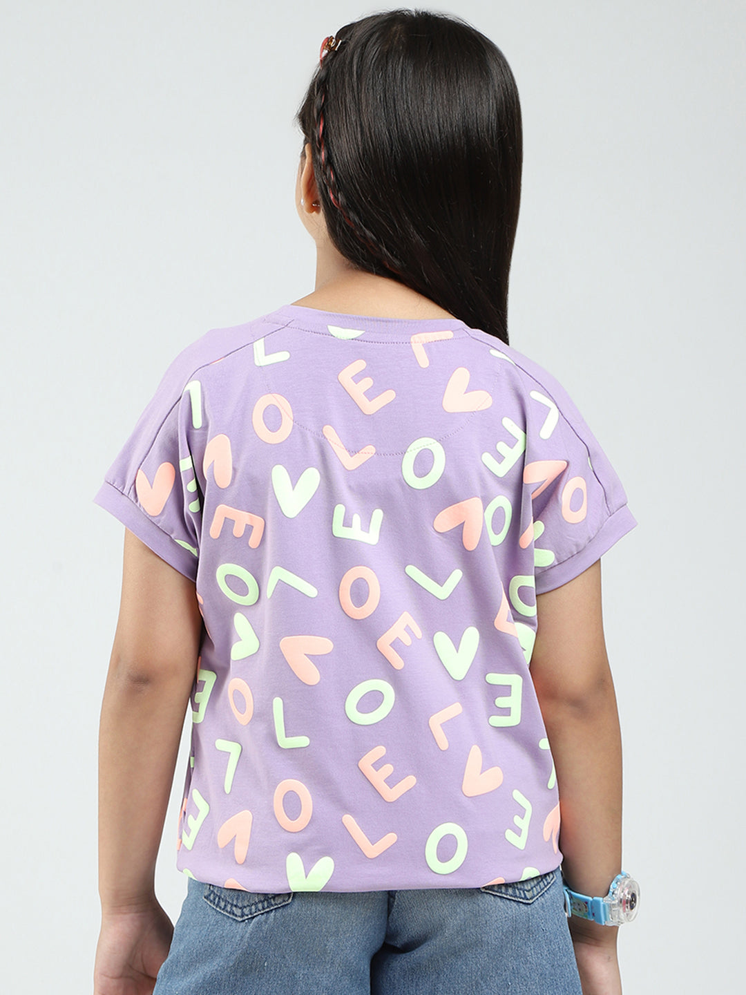 Girls Purple Printed Round Neck Half Sleeve Top