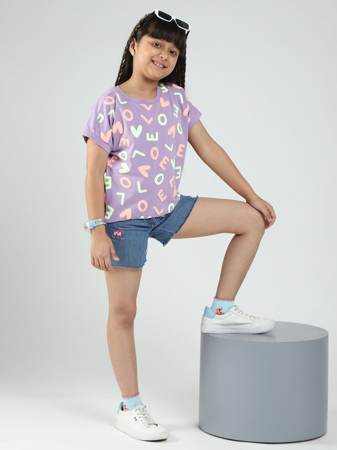 Girls Purple Printed Round Neck Half Sleeve Top