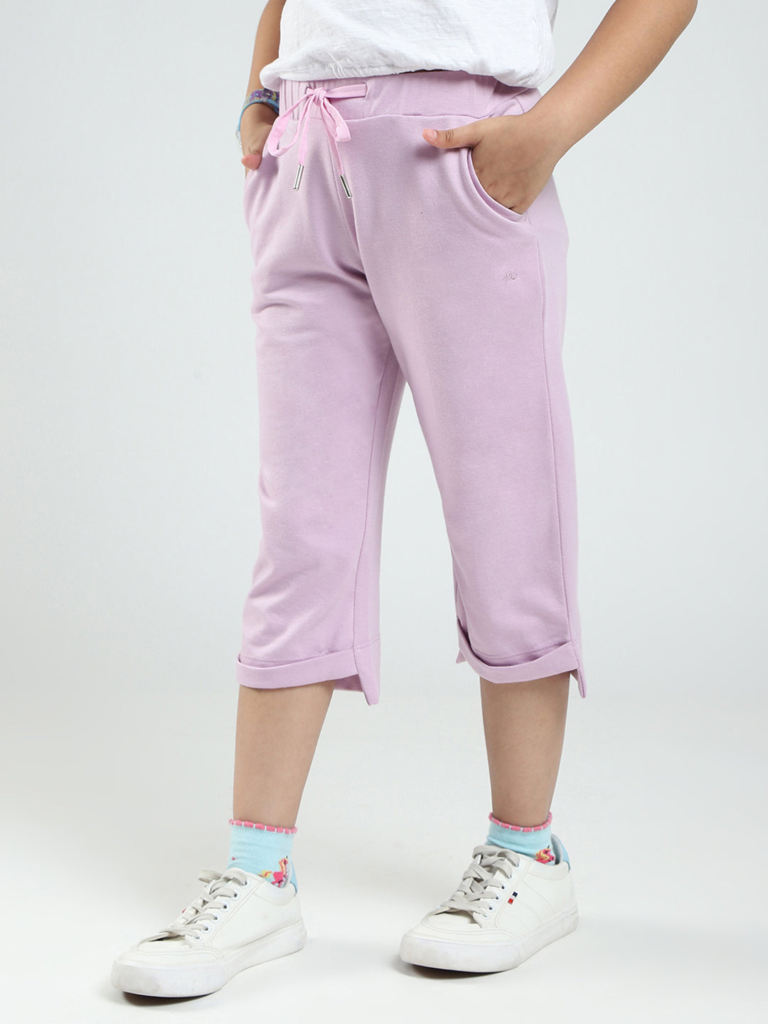 Girls Purple Solid Regular Fit Capri