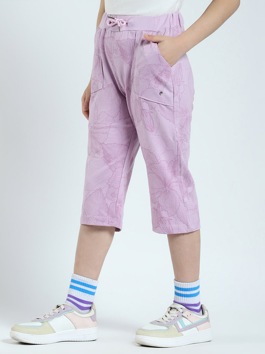 Girls Purple Printed Regular Fit Capri