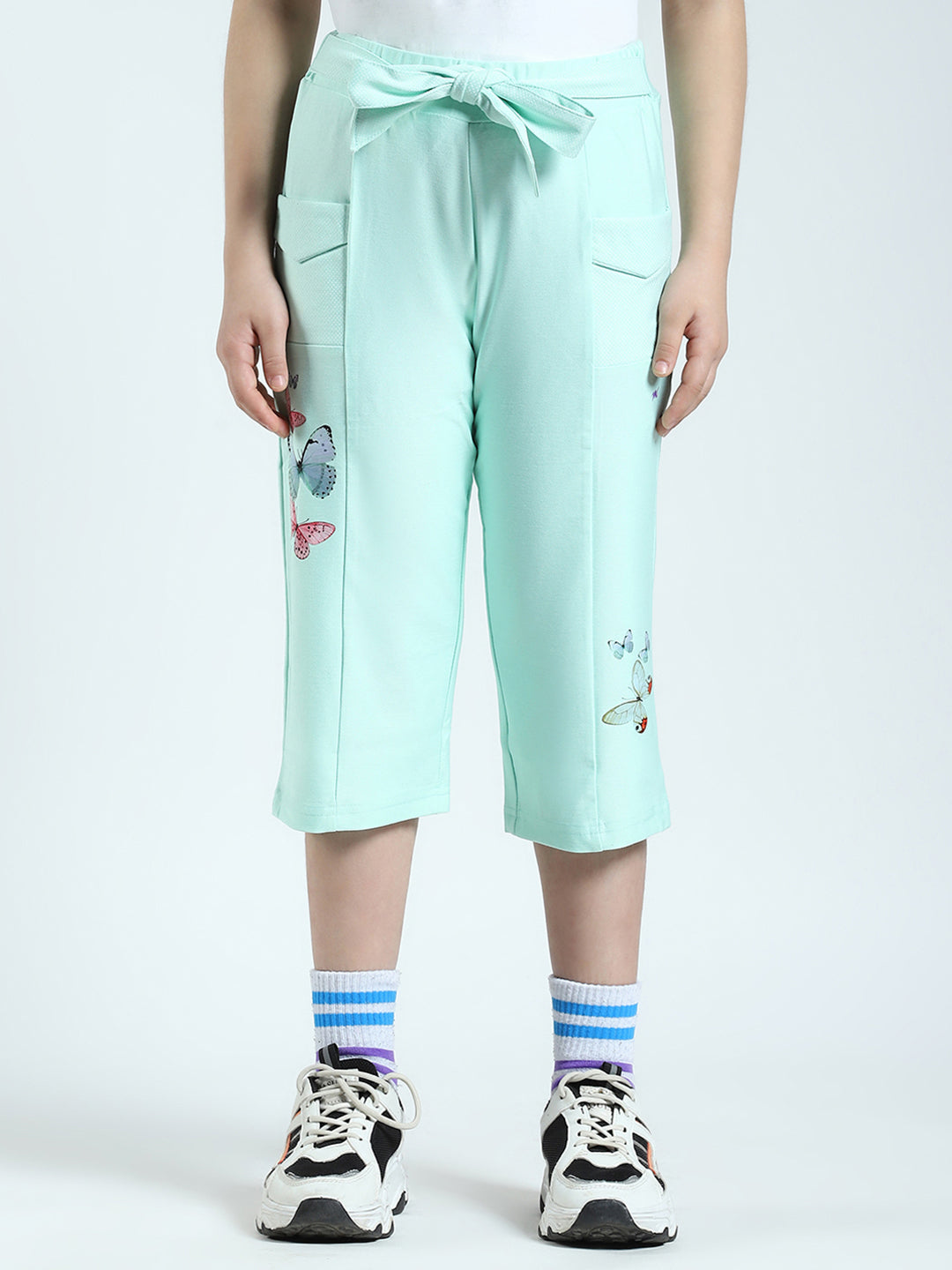 Girls Green Printed Regular Fit Capri
