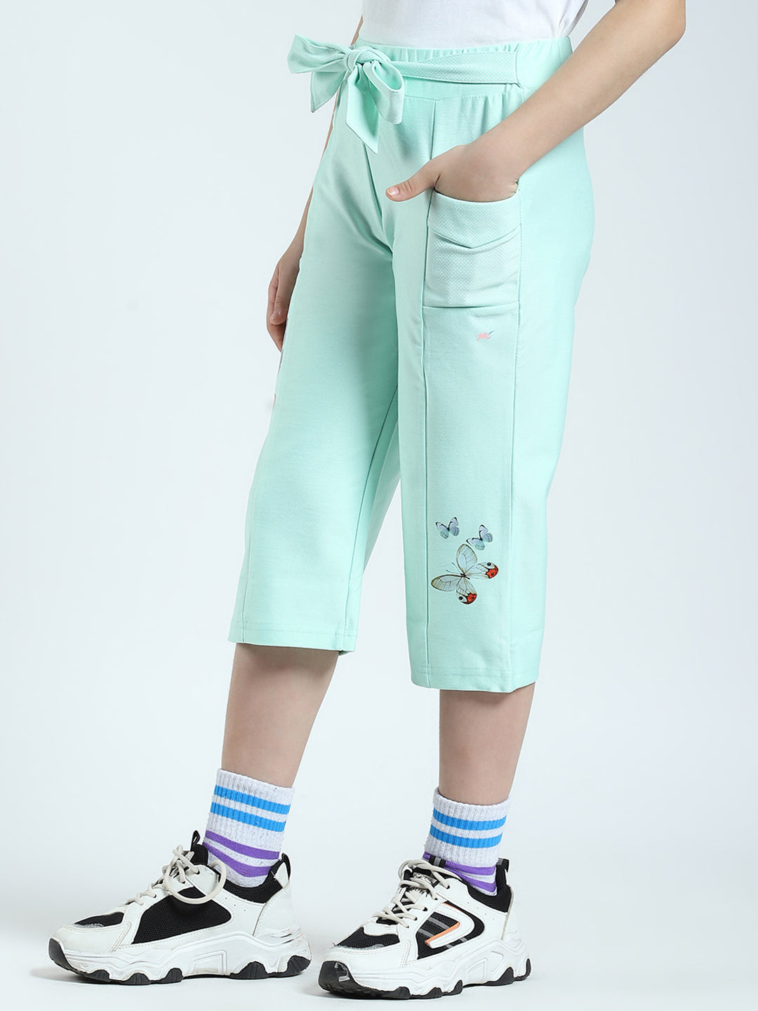 Girls Green Printed Regular Fit Capri
