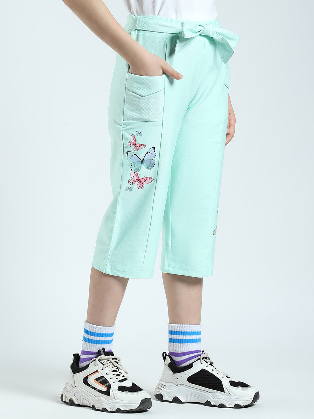 Girls Green Printed Regular Fit Capri