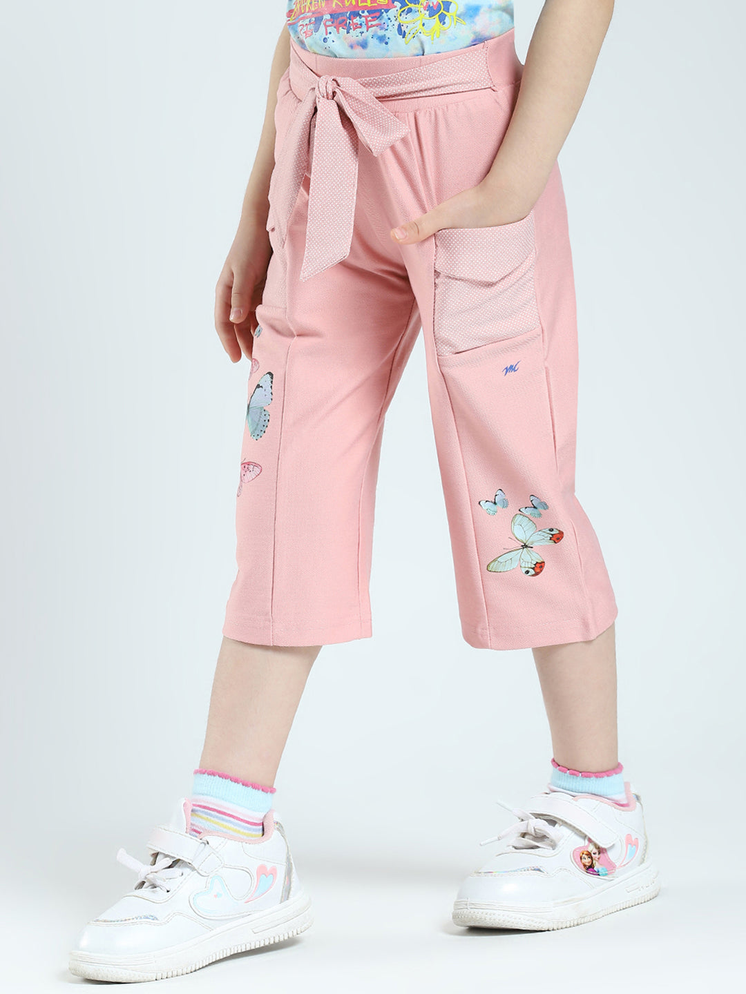 Girls Peach Printed Regular Fit Capri