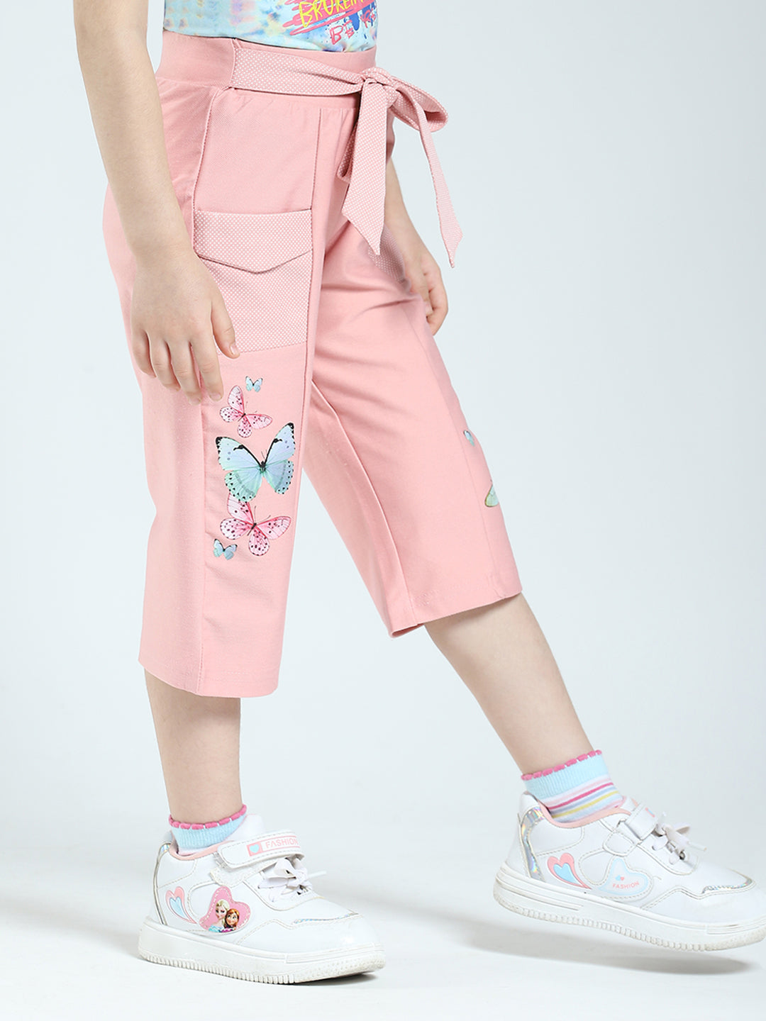 Girls Peach Printed Regular Fit Capri