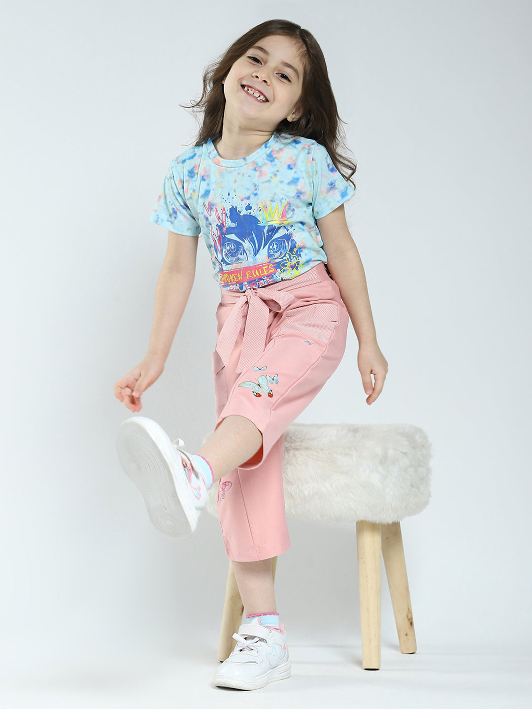 Girls Peach Printed Regular Fit Capri