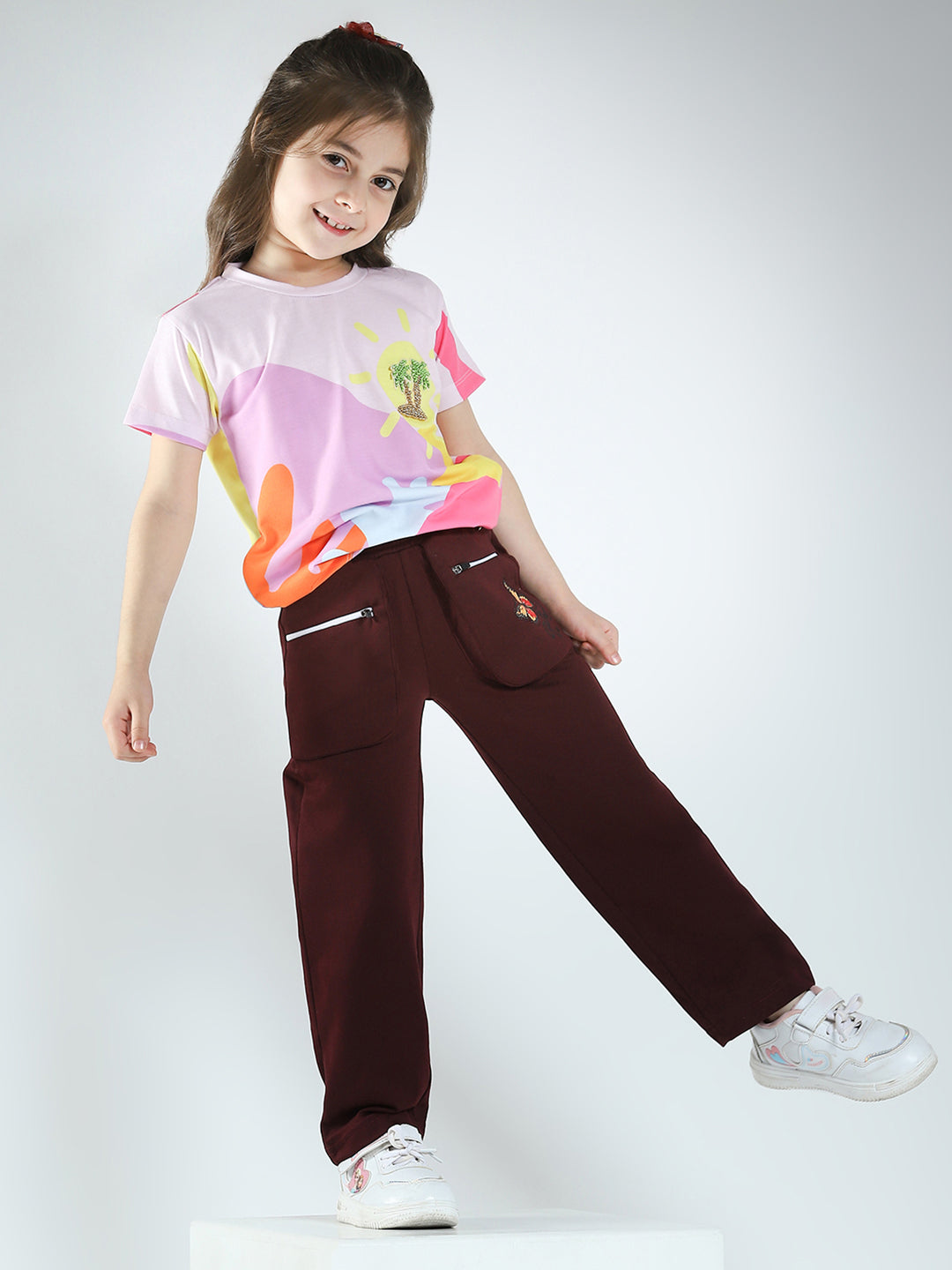 Girls Burgundy Solid Regular Fit Lower