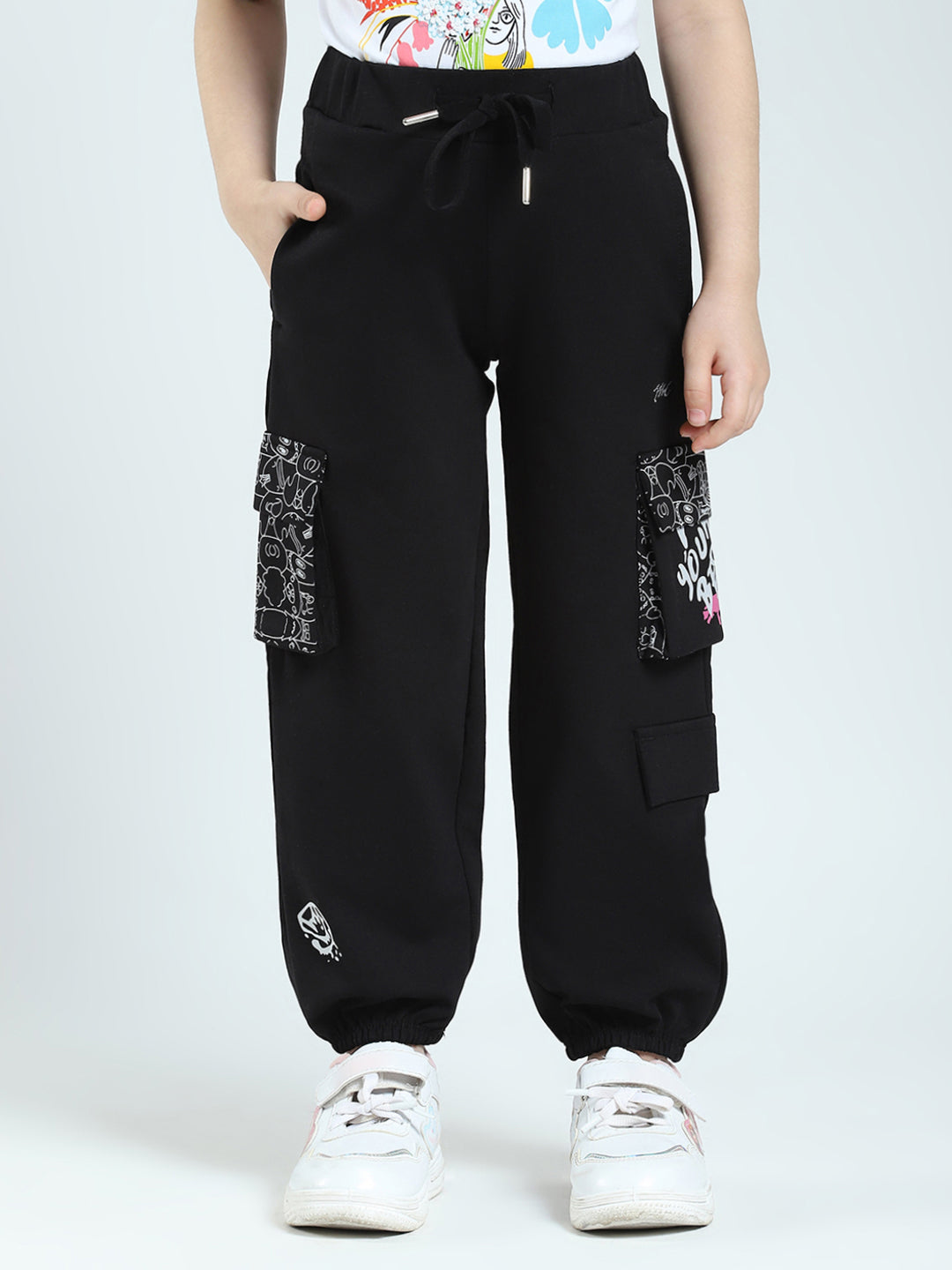 Girls Black Printed Regular Fit Lower