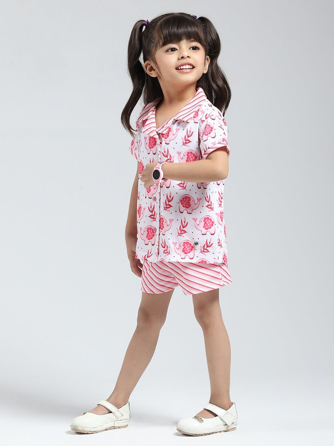 Girls Pink Printed Collar Half Sleeve Shorts Set