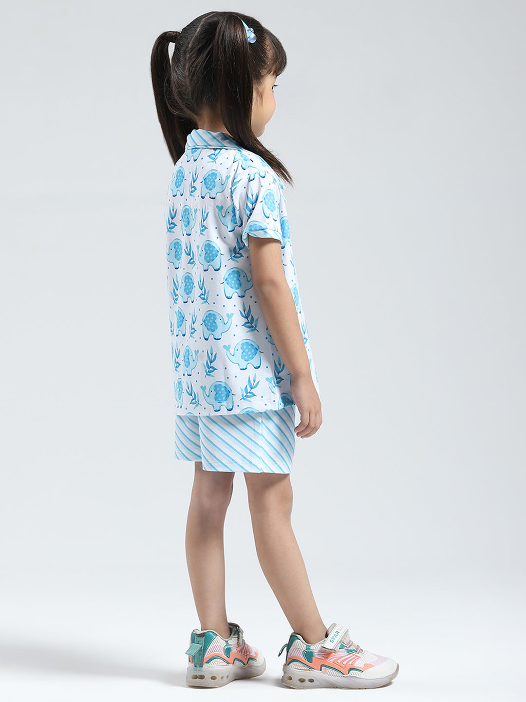 Girls Blue Printed Collar Half Sleeve Shorts Set