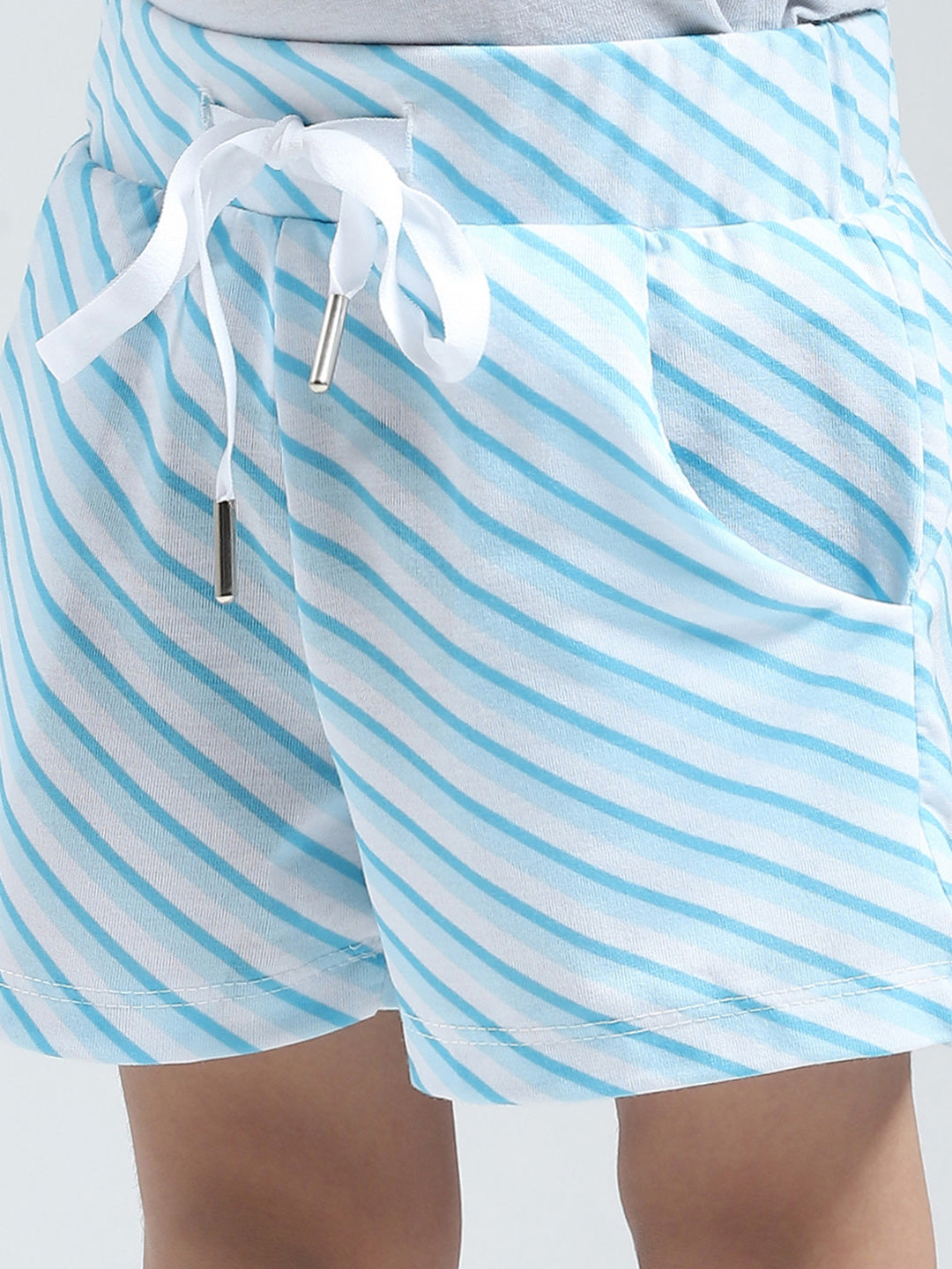 Girls Blue Printed Collar Half Sleeve Shorts Set