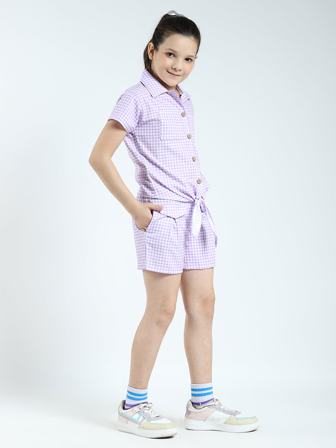 Girls Purple Check Collar Half Sleeve Cords Set