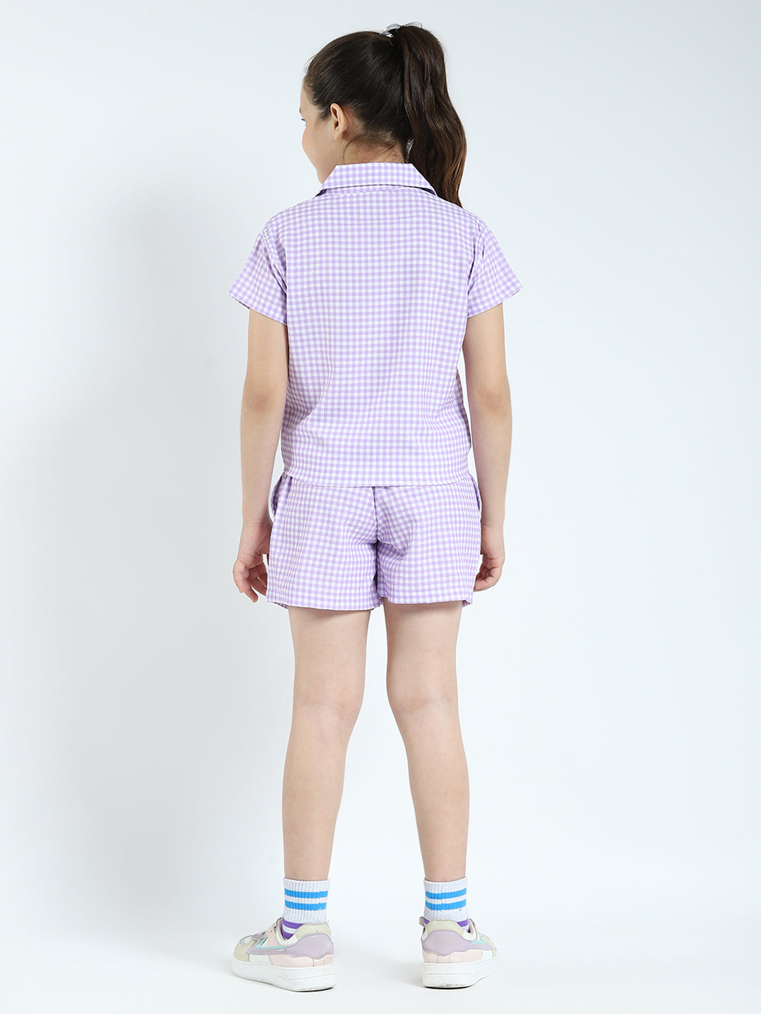 Girls Purple Check Collar Half Sleeve Cords Set
