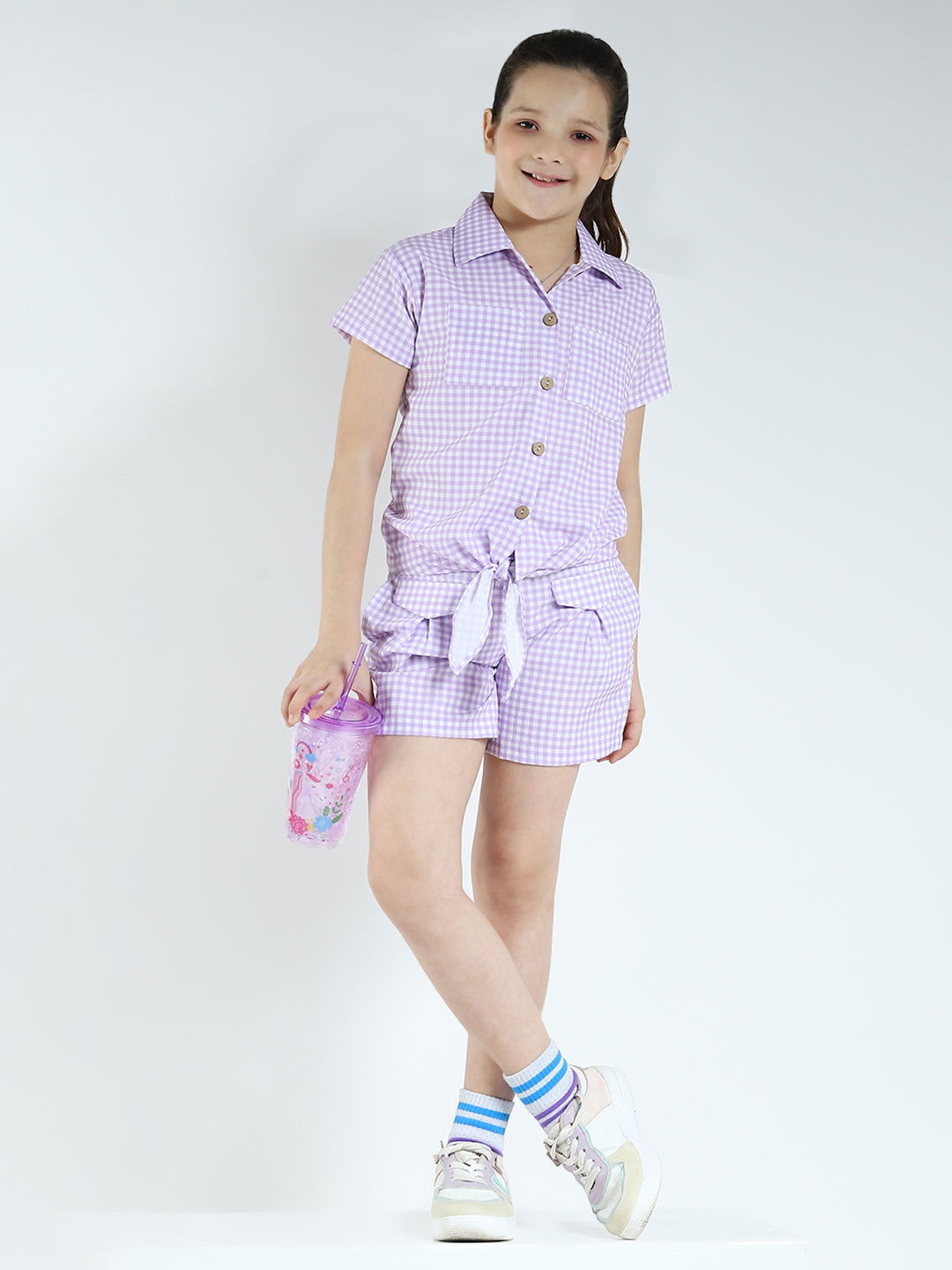Girls Purple Check Collar Half Sleeve Cords Set