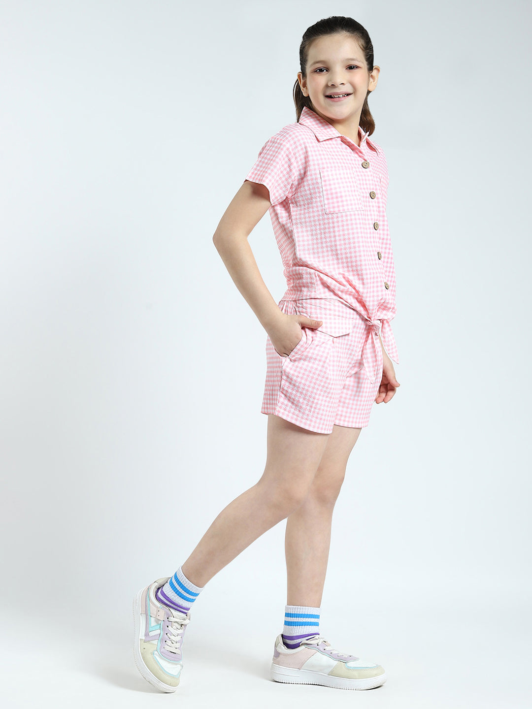 Girls Pink Check Collar Half Sleeve Cords Set