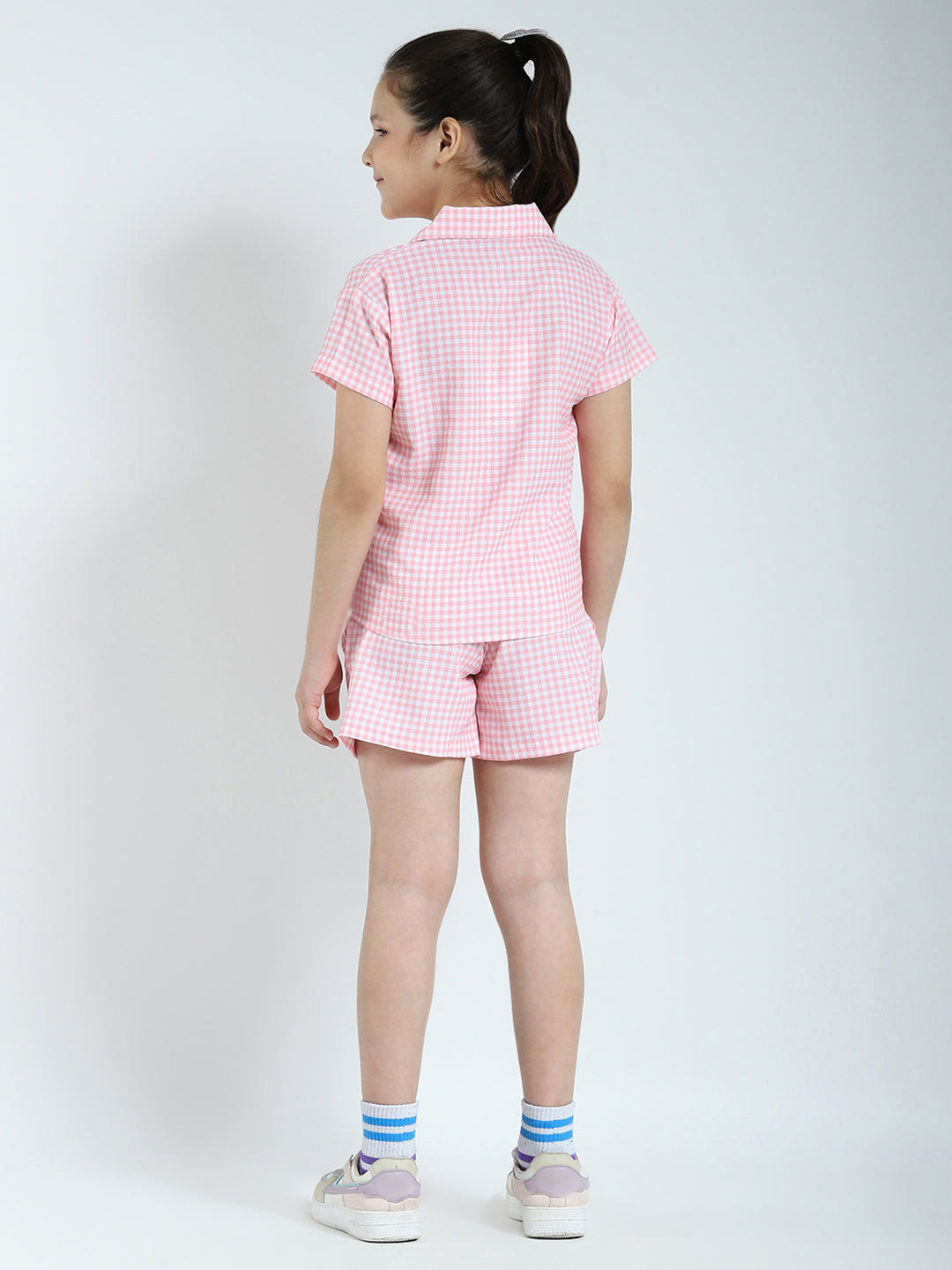 Girls Pink Check Collar Half Sleeve Cords Set