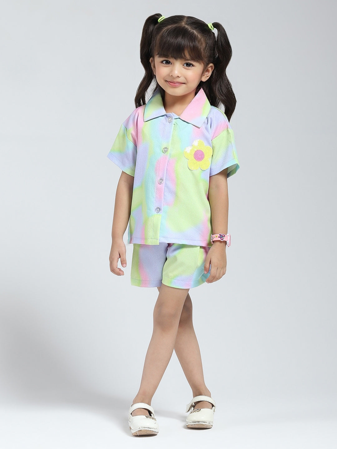 Girls Purple Printed Collar Half Sleeve Cords Set