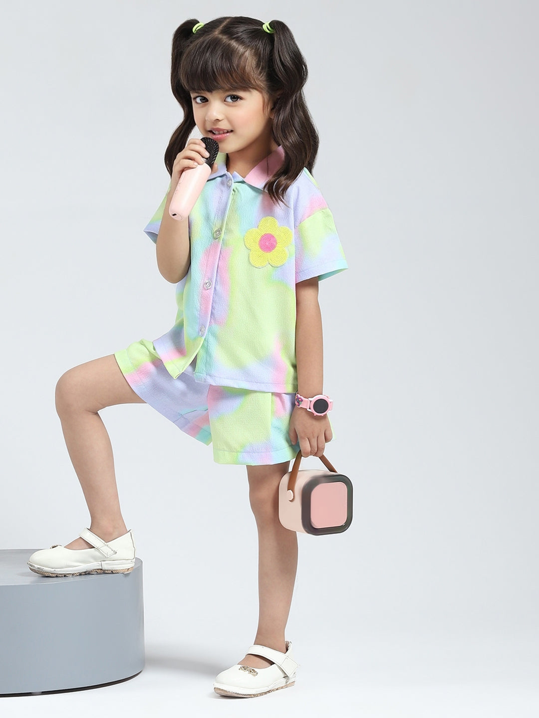 Girls Purple Printed Collar Half Sleeve Cords Set