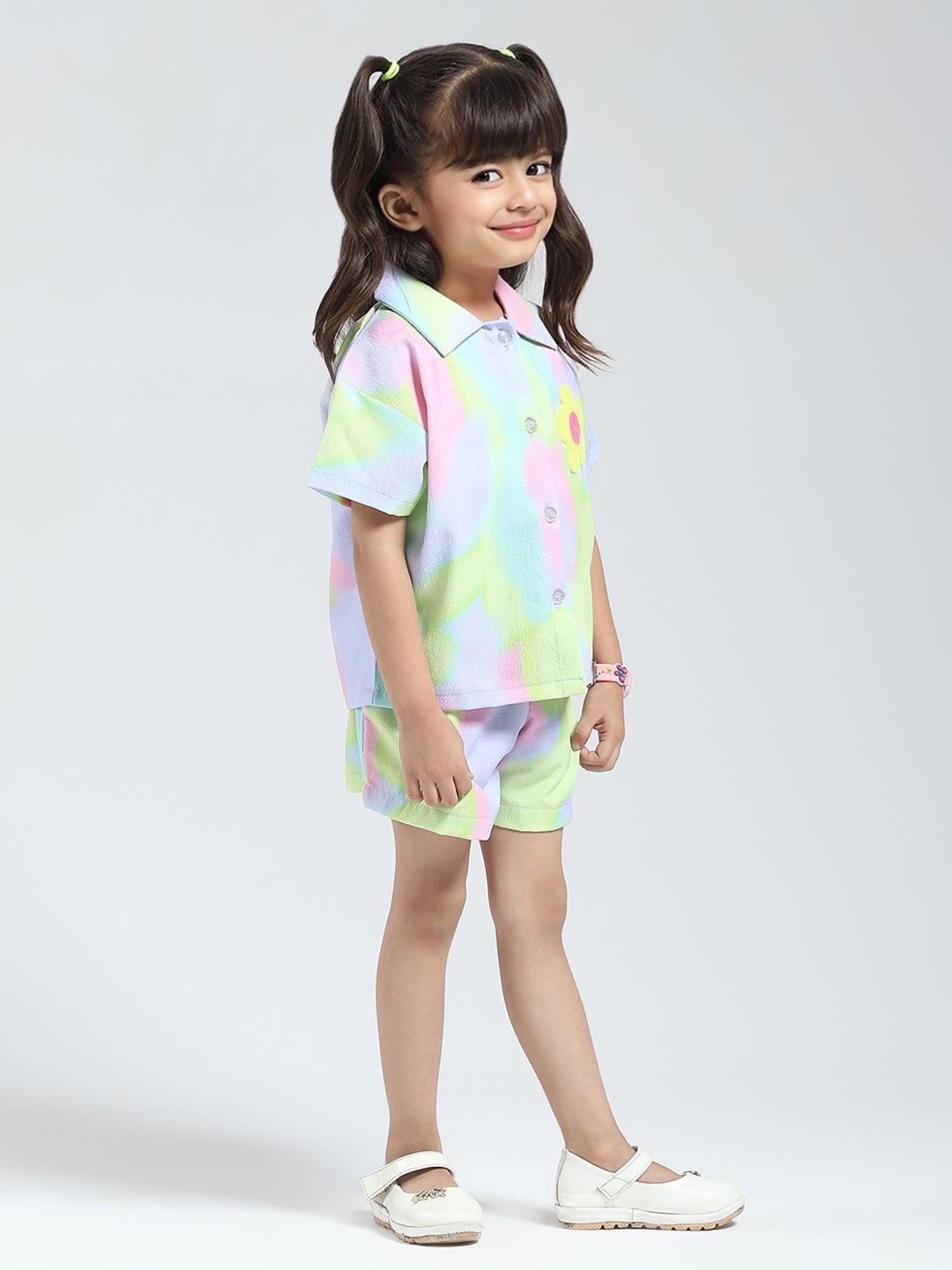 Girls Purple Printed Collar Half Sleeve Cords Set