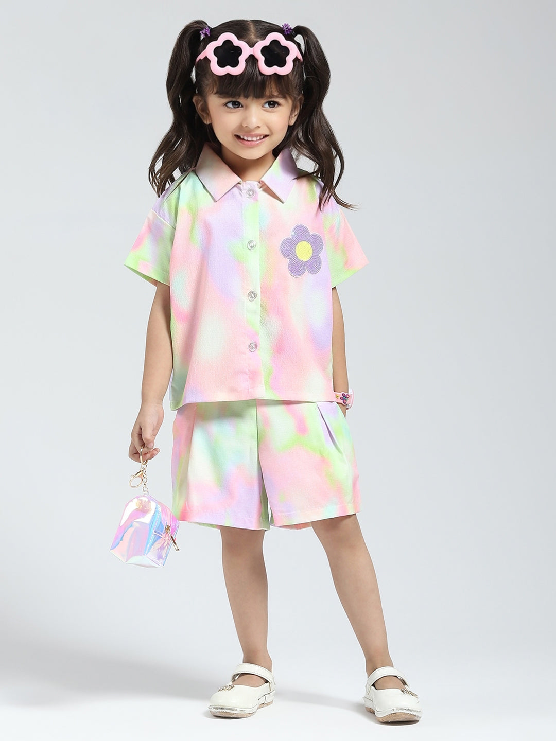 Girls Green Printed Collar Half Sleeve Cords Set