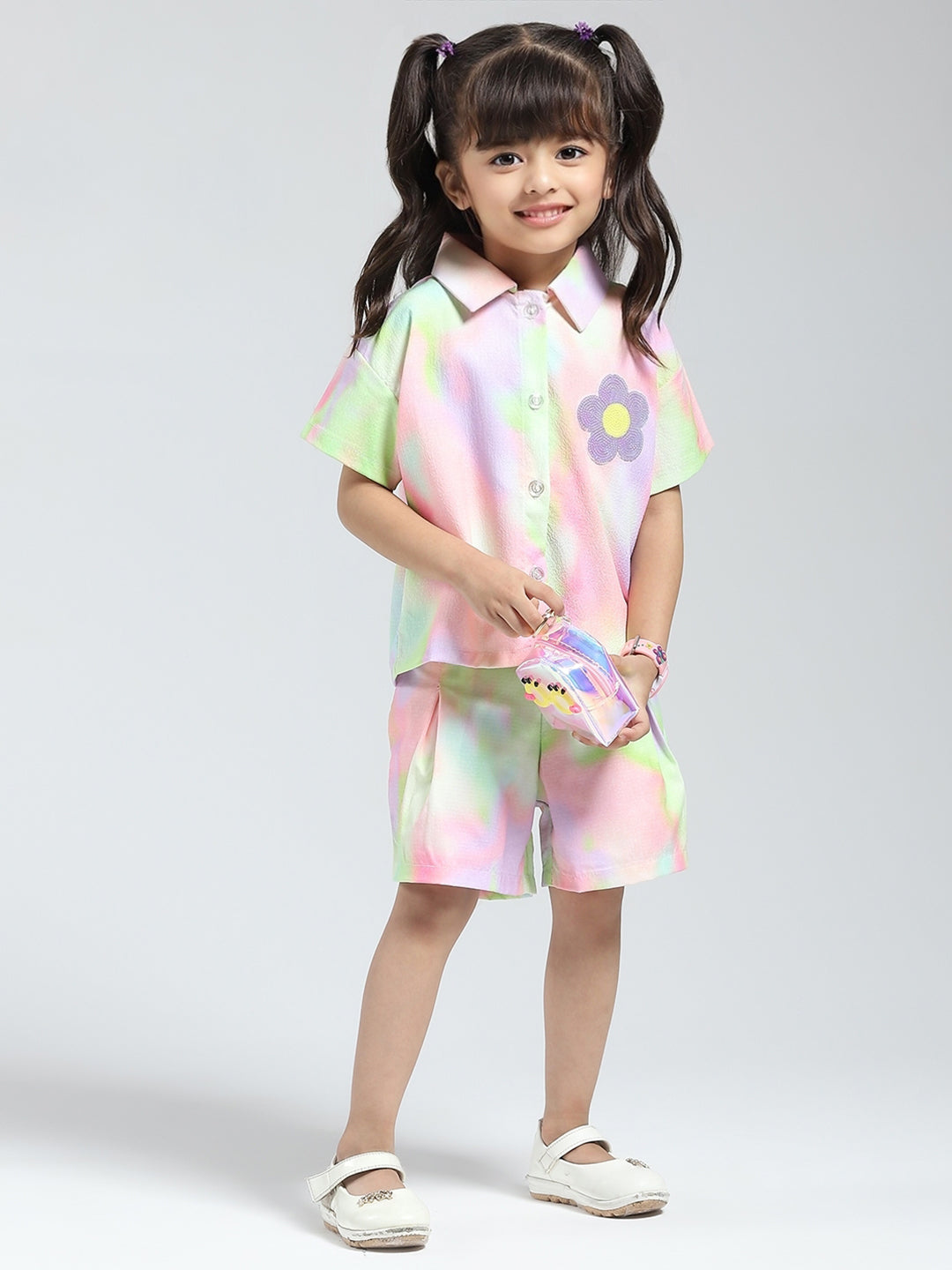 Girls Green Printed Collar Half Sleeve Cords Set