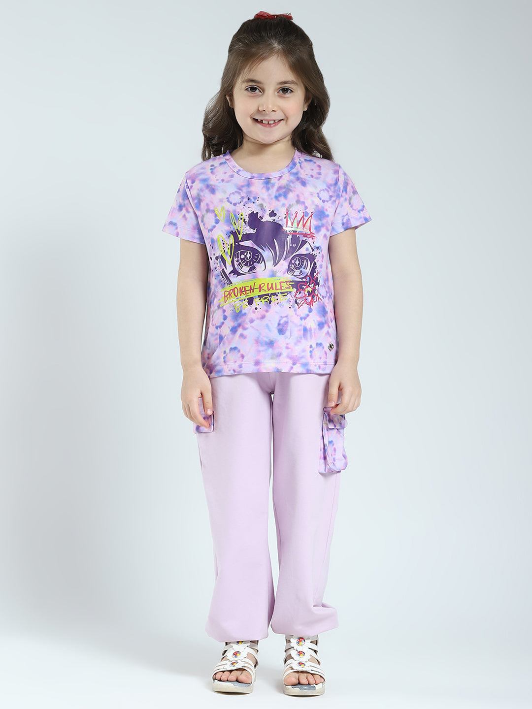 Girls Purple Printed Round Neck Half Sleeve Lower Set