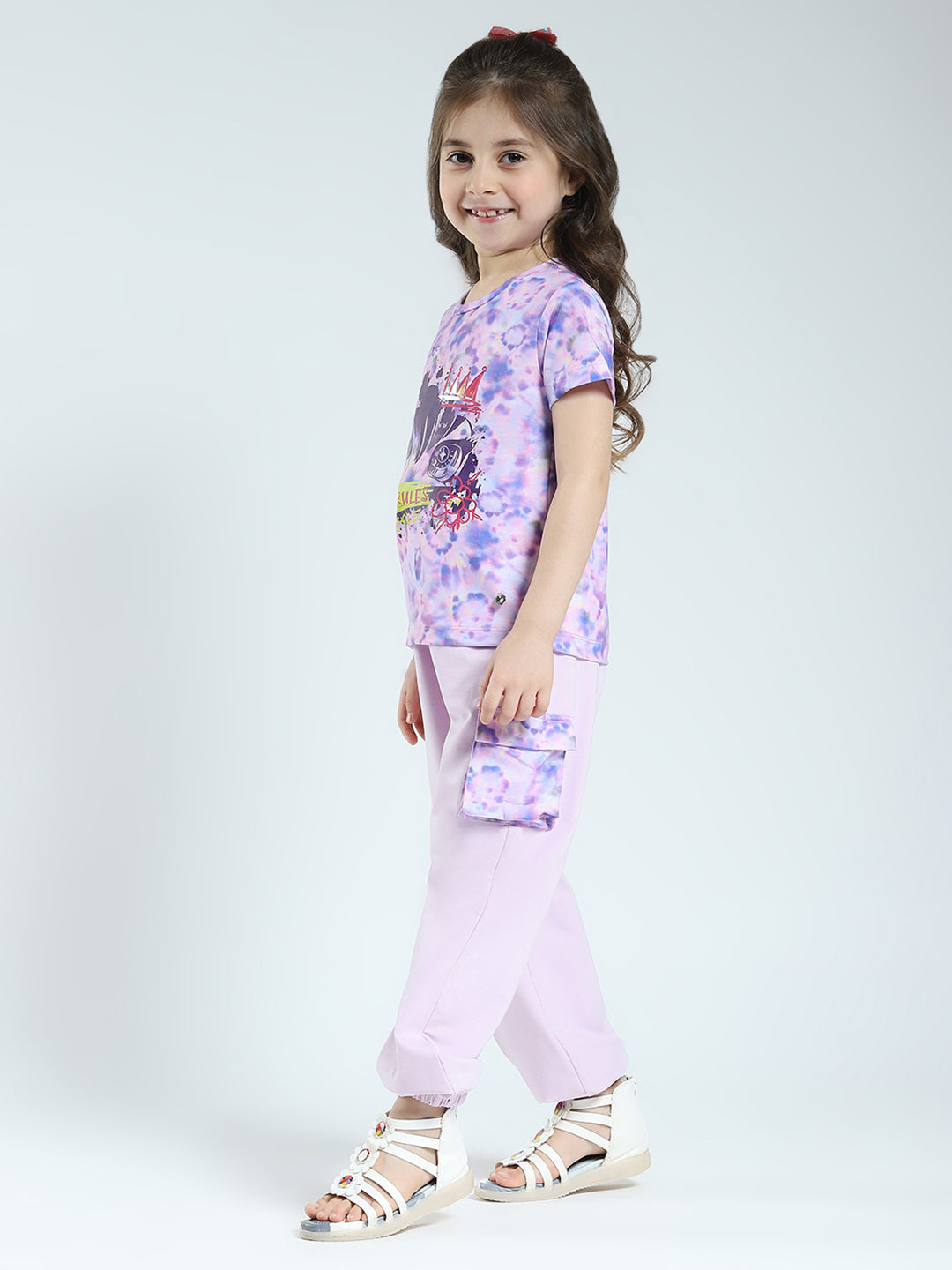 Girls Purple Printed Round Neck Half Sleeve Lower Set