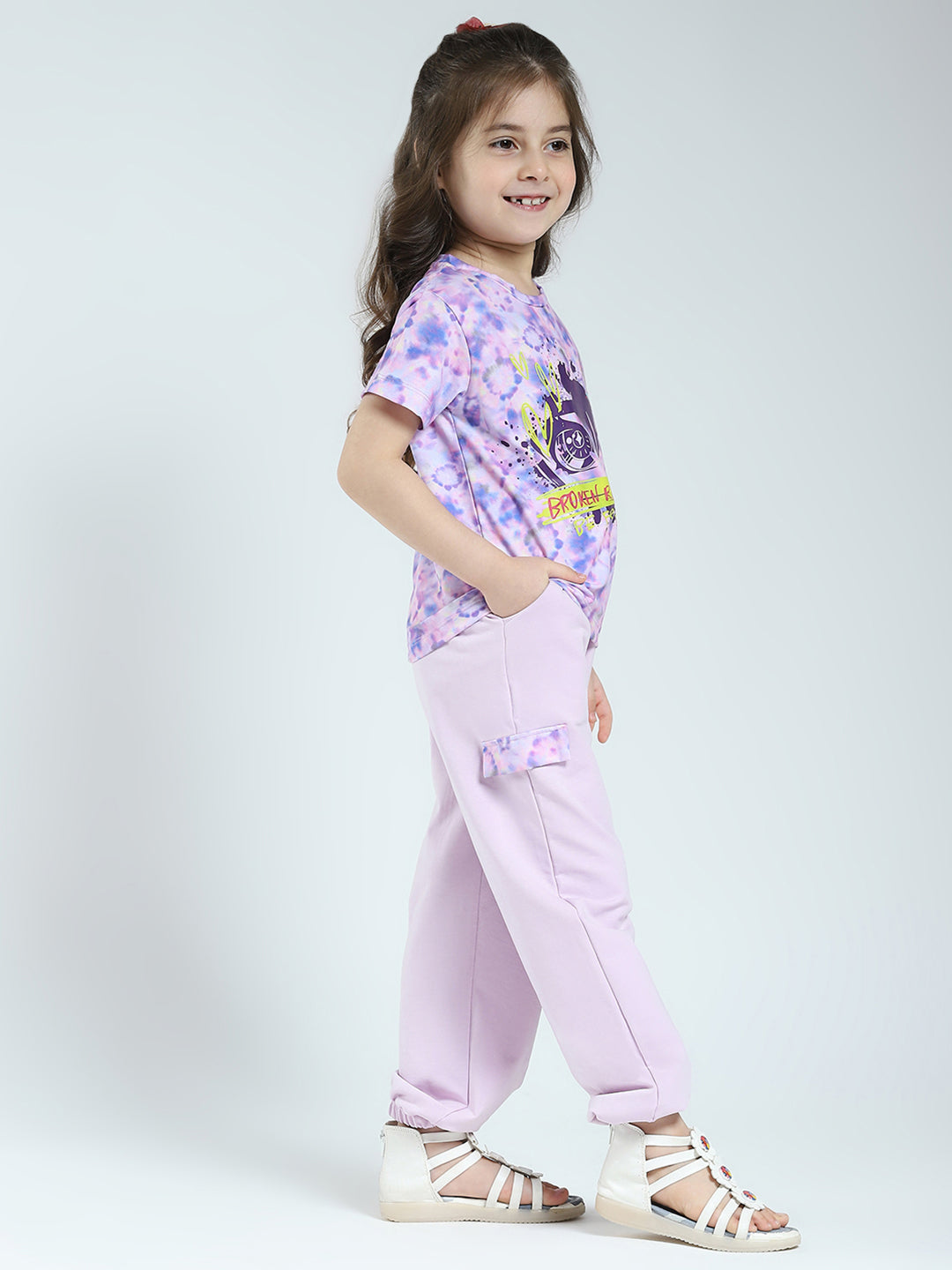 Girls Purple Printed Round Neck Half Sleeve Lower Set