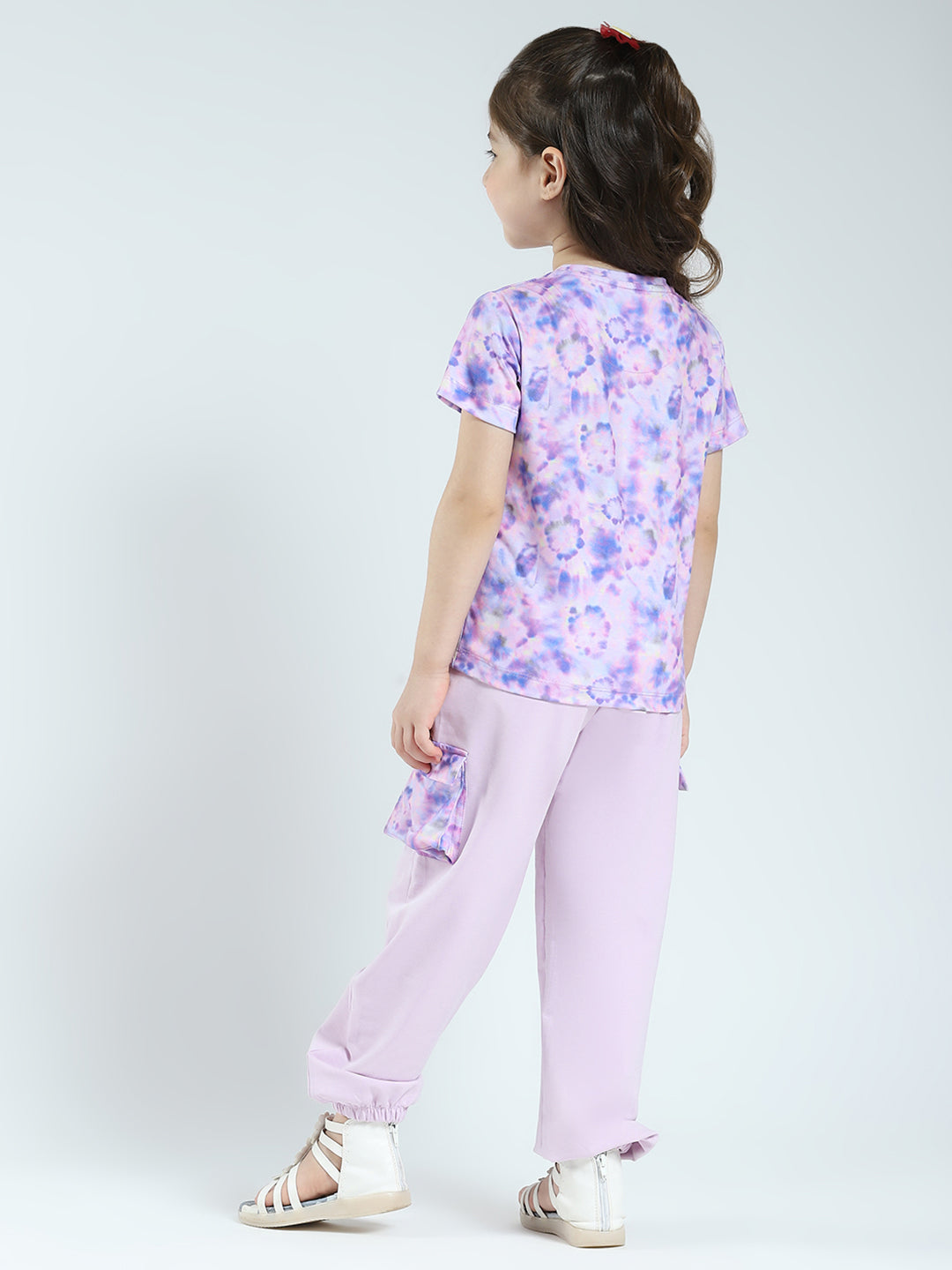 Girls Purple Printed Round Neck Half Sleeve Lower Set