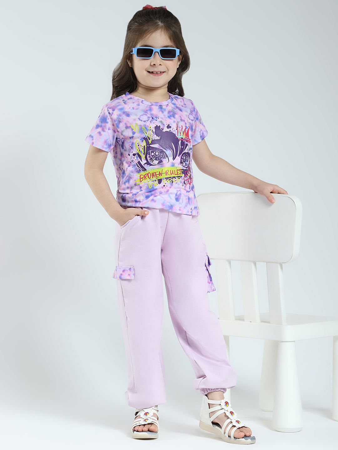 Girls Purple Printed Round Neck Half Sleeve Lower Set