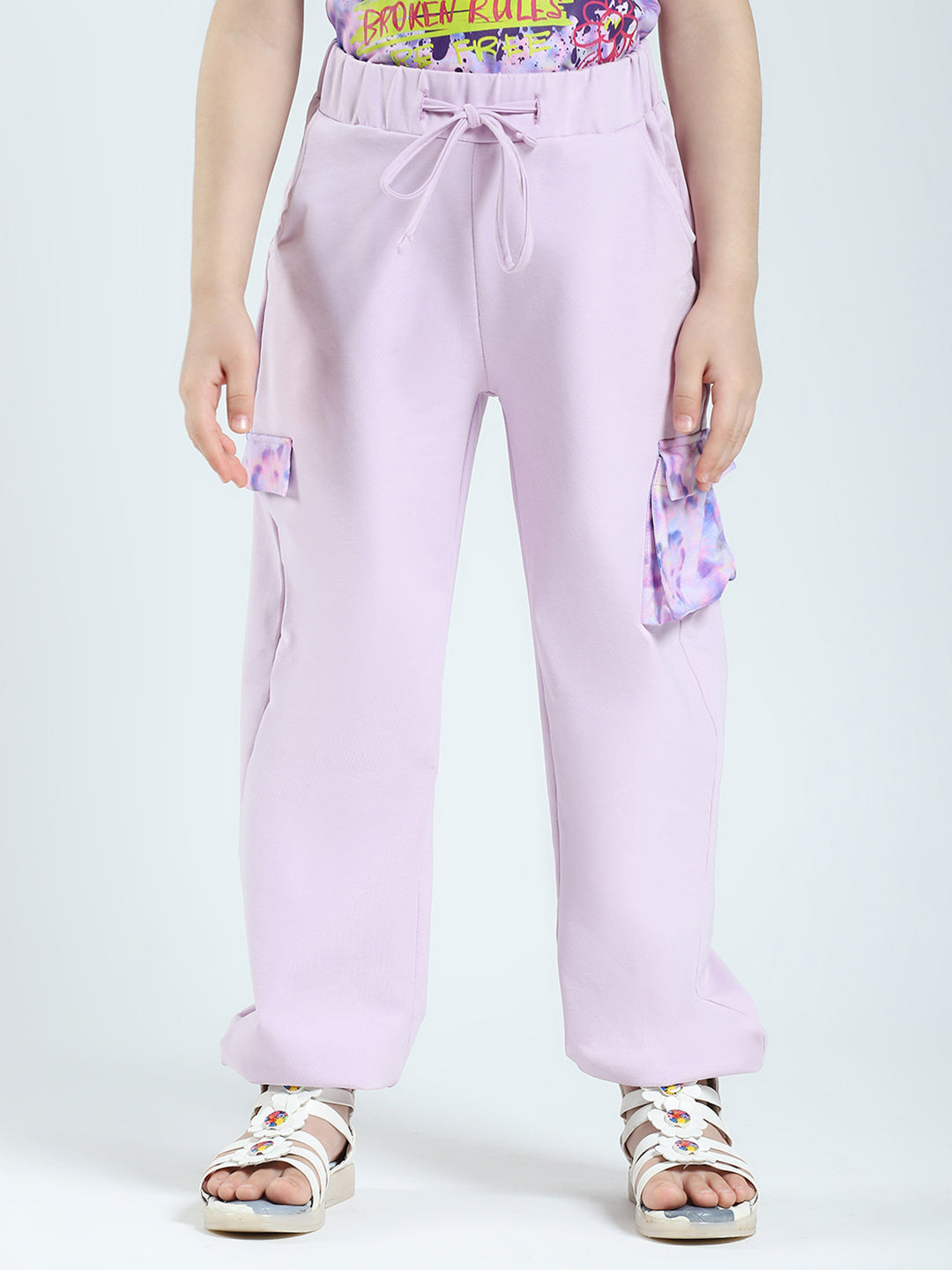 Girls Purple Printed Round Neck Half Sleeve Lower Set