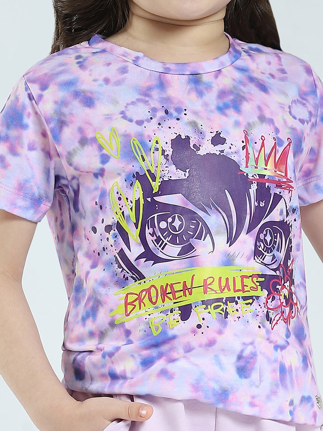 Girls Purple Printed Round Neck Half Sleeve Lower Set