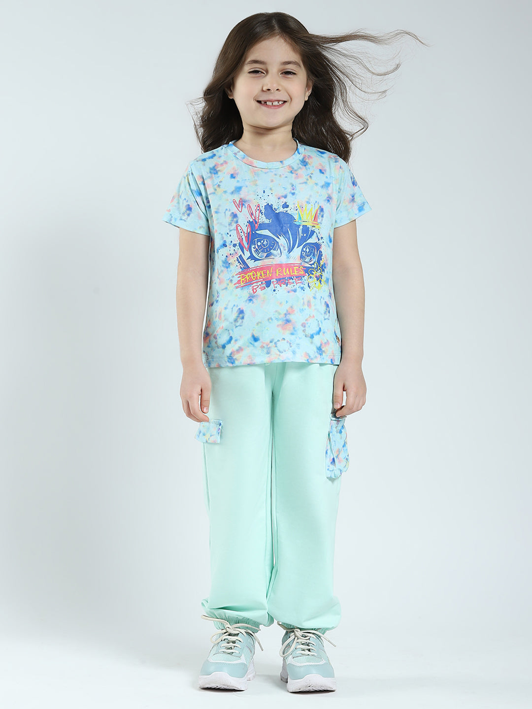 Girls Sea Green Printed Round Neck Half Sleeve Lower Set