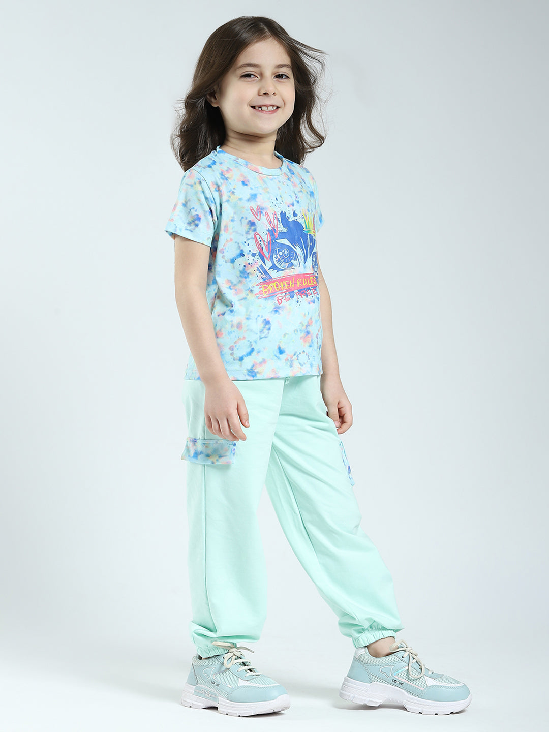 Girls Sea Green Printed Round Neck Half Sleeve Lower Set