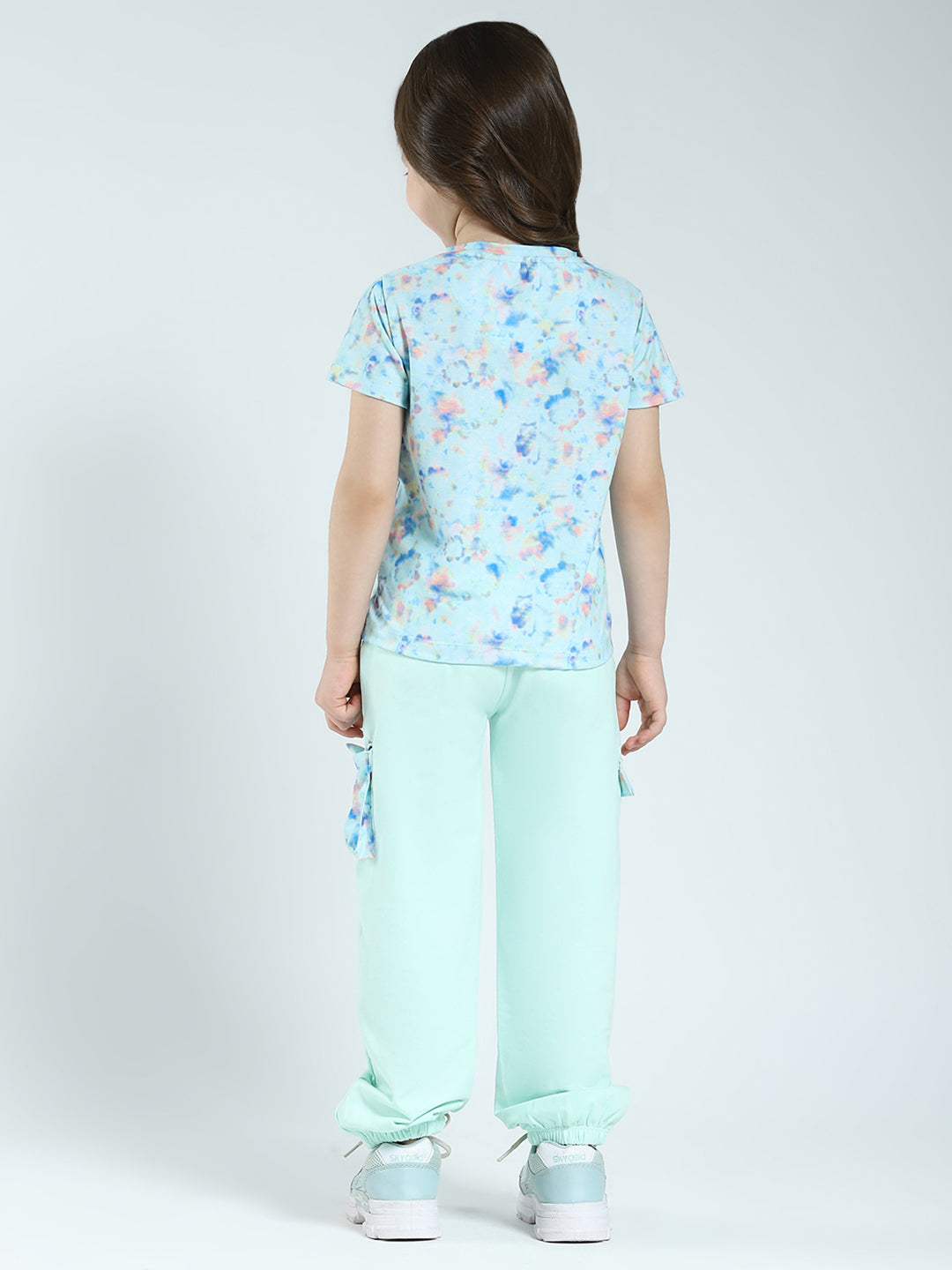 Girls Sea Green Printed Round Neck Half Sleeve Lower Set